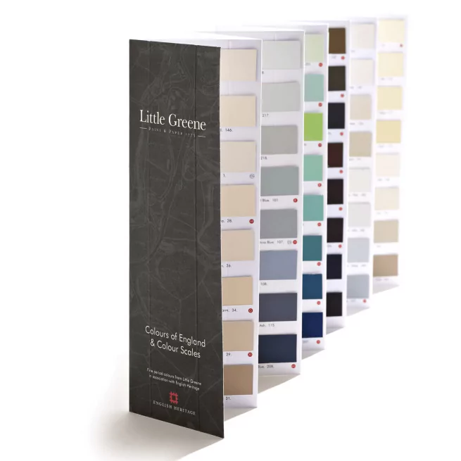 The Little Greene color palette. "Color stickers" are actual paint samples, not typographic prints.