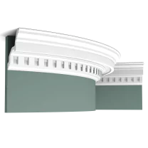 c211f cornice moulding b566 Flexible version of the C211. This stately crenellated cornice moulding gives any interior a little extra something. Thanks to its Flex technology, curved walls and surfaces are no problem. Be sure to consider the C422 as well or combine with the C305 for even more magnificence. Installation remark: It is necessary to screw this profile on the wall. Flex Radius: R min = 250 cm