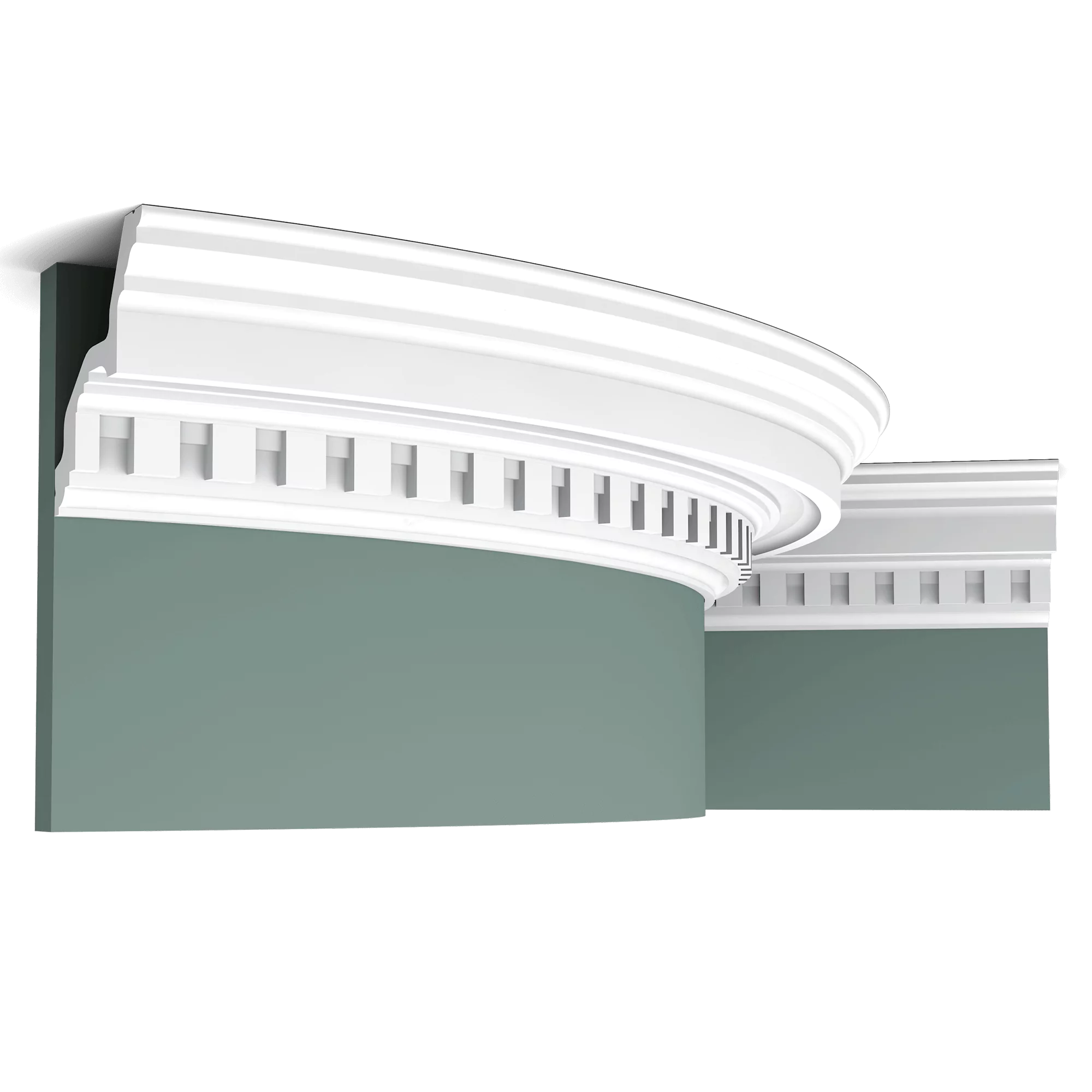 c211f cornice moulding b566 Flexible version of the C211. This stately crenellated cornice moulding gives any interior a little extra something. Thanks to its Flex technology, curved walls and surfaces are no problem. Be sure to consider the C422 as well or combine with the C305 for even more magnificence. Installation remark: It is necessary to screw this profile on the wall. Flex Radius: R min = 250 cm