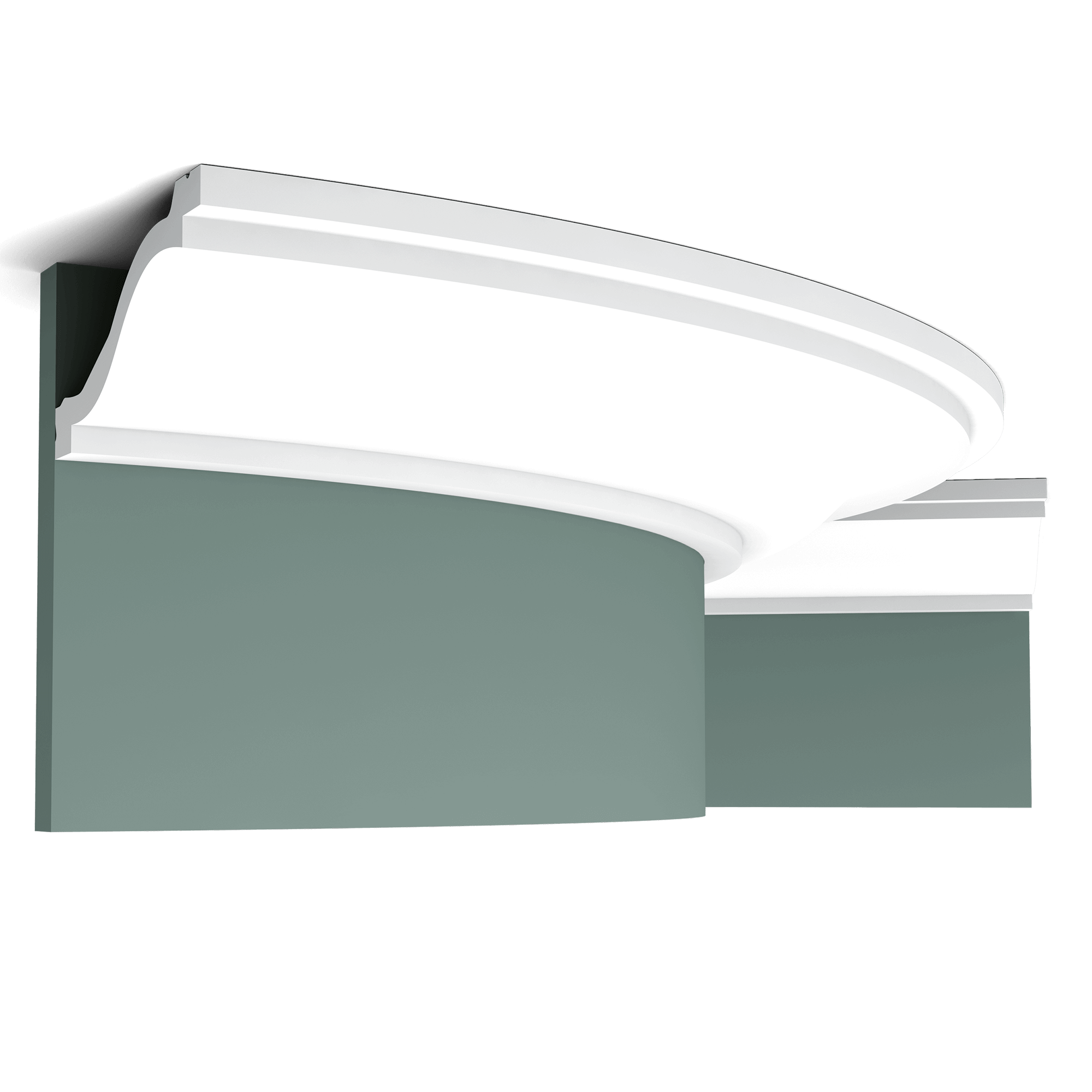 c331f cornice moulding 23fc Flexible version of the C331. A classic cornice moulding with linear detailing that extends elegantly along the ceiling. Thanks to its Flex technology, curved walls and surfaces are no problem. Installation remark: It is necessary to screw this profile on the wall. Flex Radius: R min = 420 cm