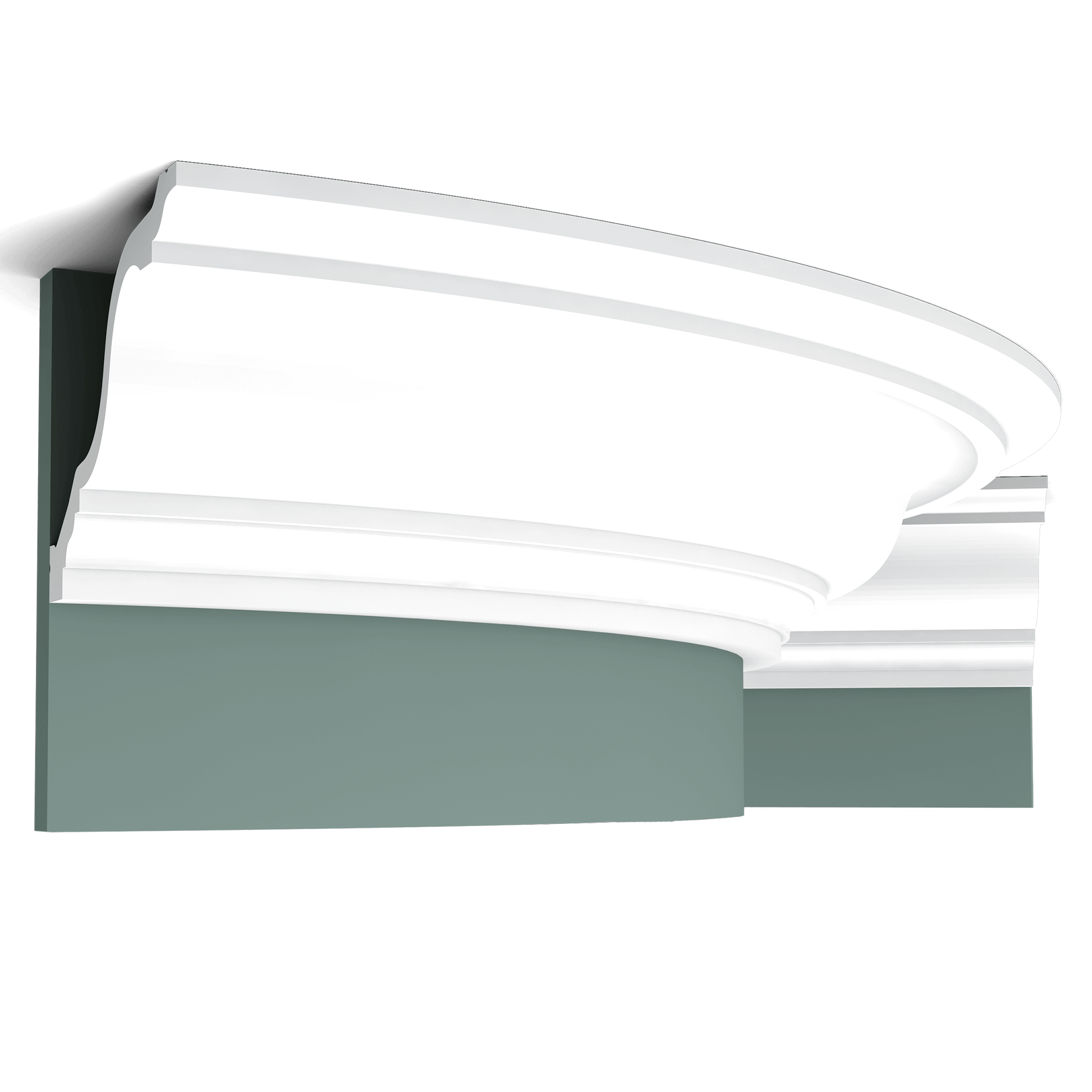 c334f cornice moulding 857e Flexible version of the C334. Classic, elegant swan-neck cornice moulding. Thanks to its Flex technology, curved walls and surfaces are no problem. Installation remark: It is necessary to screw this profile on the wall. Flex Radius: R min = 380 cm