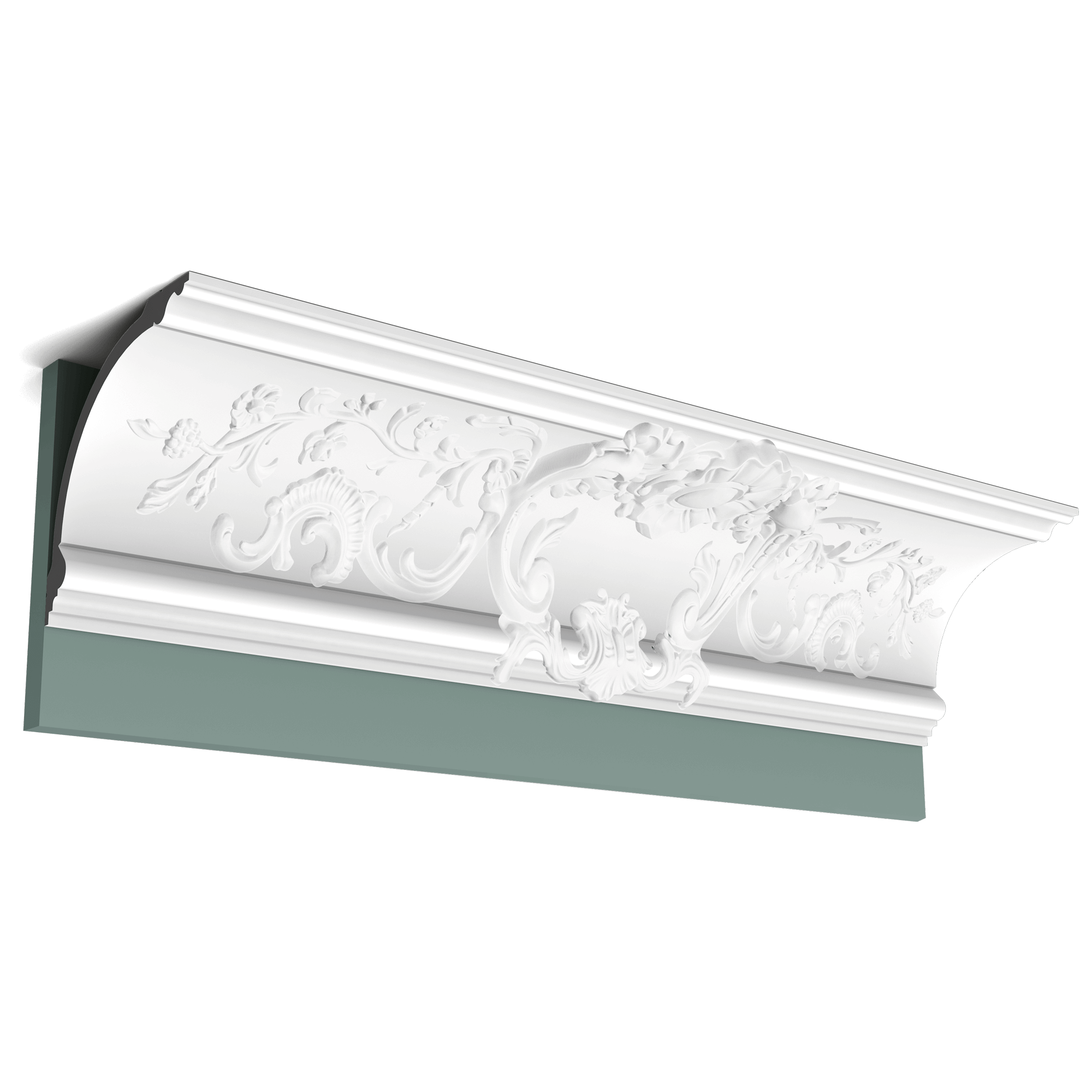 c338a cornice moulding 5b86 This stately cornice moulding is based on the C338, but further embellished with graceful decorative curlicues. Installation remark: It is necessary to screw this profile on the wall.