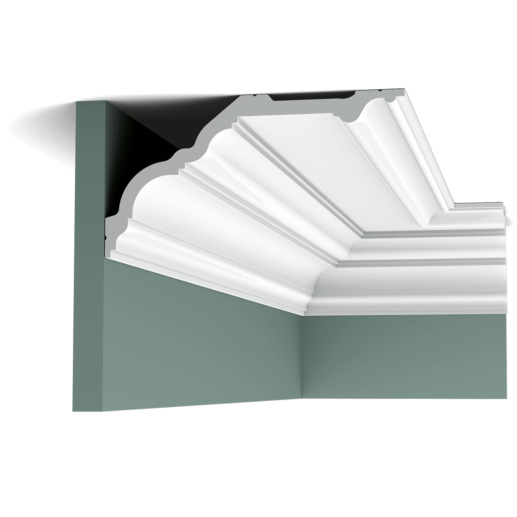 c340 cornice moulding 341b The design of this large Cotswold model allows the moulding to be mounted in two ways. Here we fix the largest section to the wall, making the space seem wider.