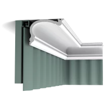 c341 curtain profile 60f1 This classic cornice moulding has an additional glueing board so it can also be used as a curtain pelmet. This nicely conceals the curtain fixtures for a neat finish.