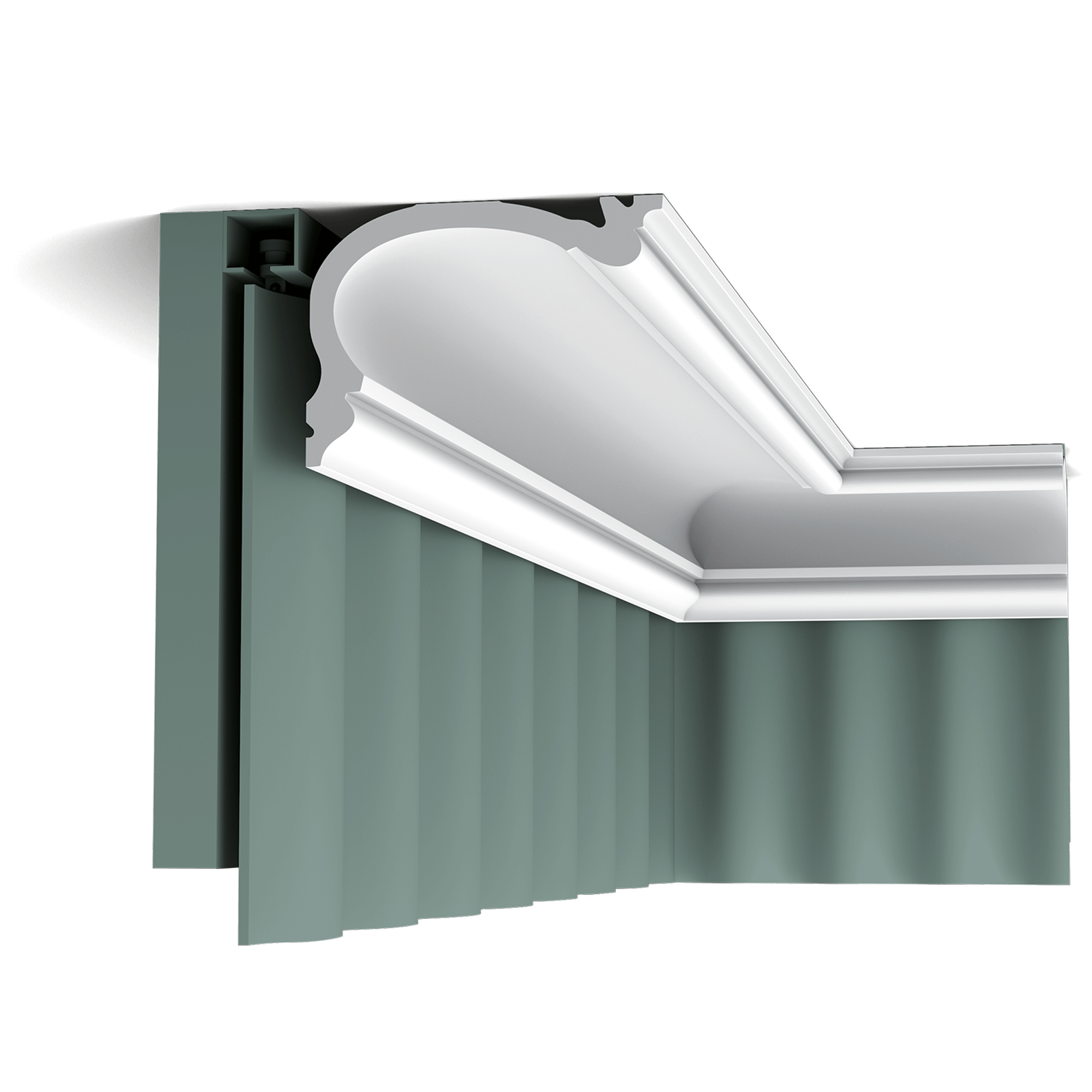 c341 curtain profile 60f1 This classic cornice moulding has an additional glueing board so it can also be used as a curtain pelmet. This nicely conceals the curtain fixtures for a neat finish.