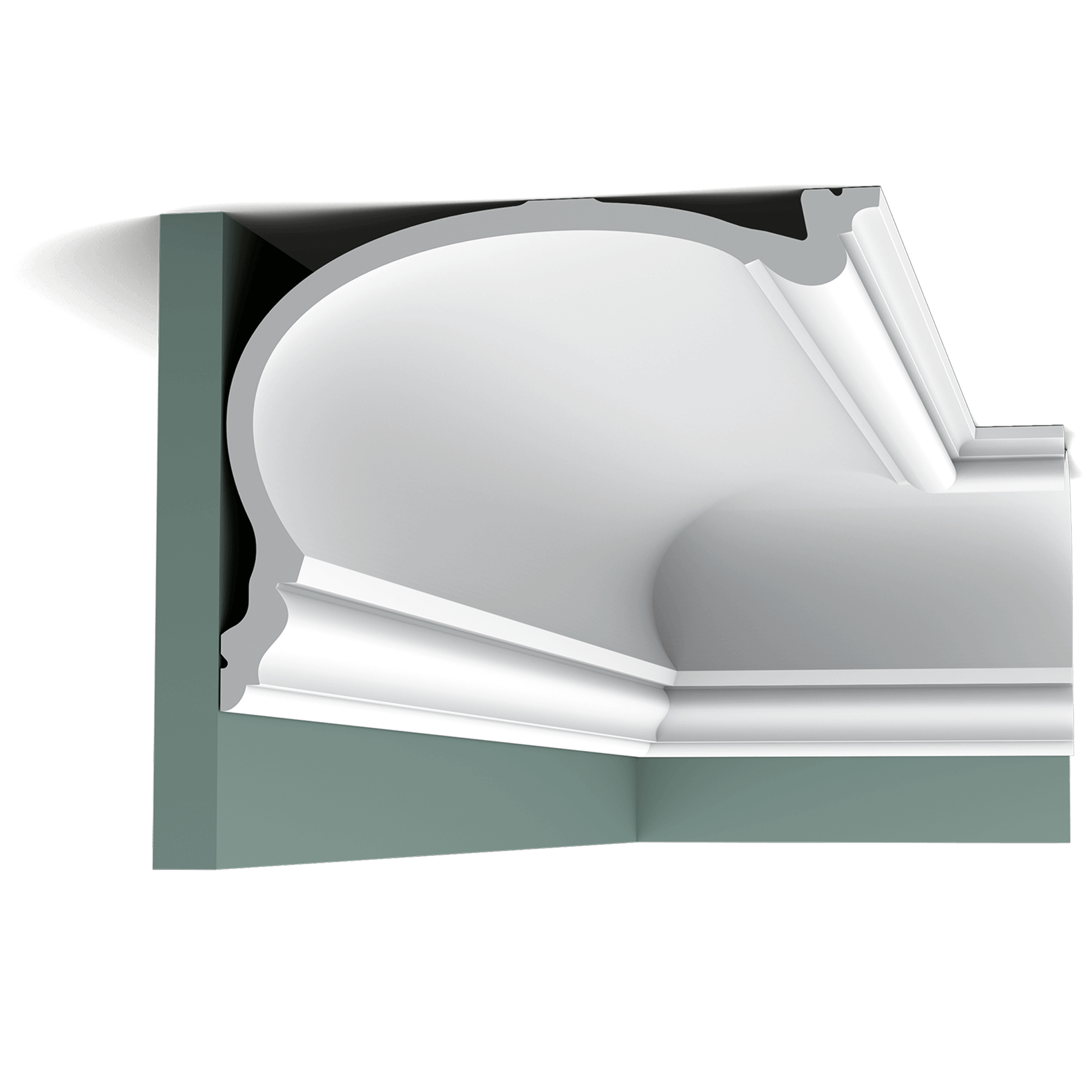 c343 cornice moulding fee6 The second-largest member of the HERITAGE family. A stately classic cornice moulding inspired by the rich heritage of English country homes. Installation remark: It is necessary to screw this profile on the wall.