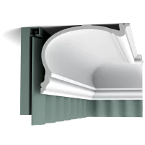 c343 curtain profile 31fd This classic cornice moulding has an additional glueing board so it can also be used as a curtain pelmet. This nicely conceals the curtain fixtures for a neat finish. Installation remark: It is necessary to screw this profile on the wall.