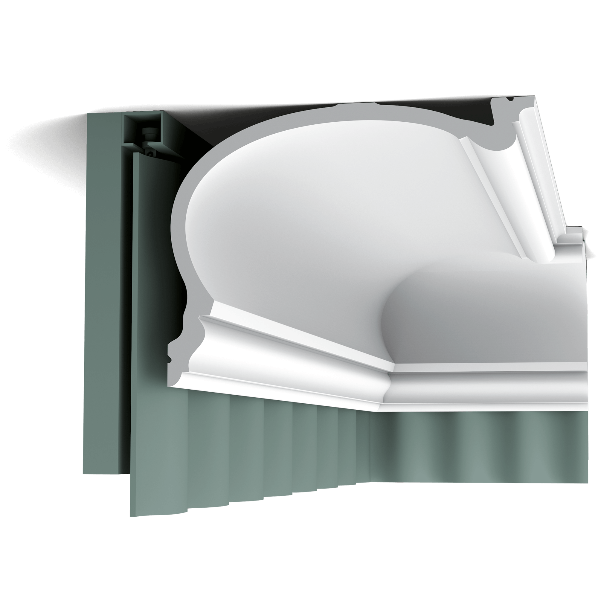 c343 curtain profile 31fd This classic cornice moulding has an additional glueing board so it can also be used as a curtain pelmet. This nicely conceals the curtain fixtures for a neat finish. Installation remark: It is necessary to screw this profile on the wall.