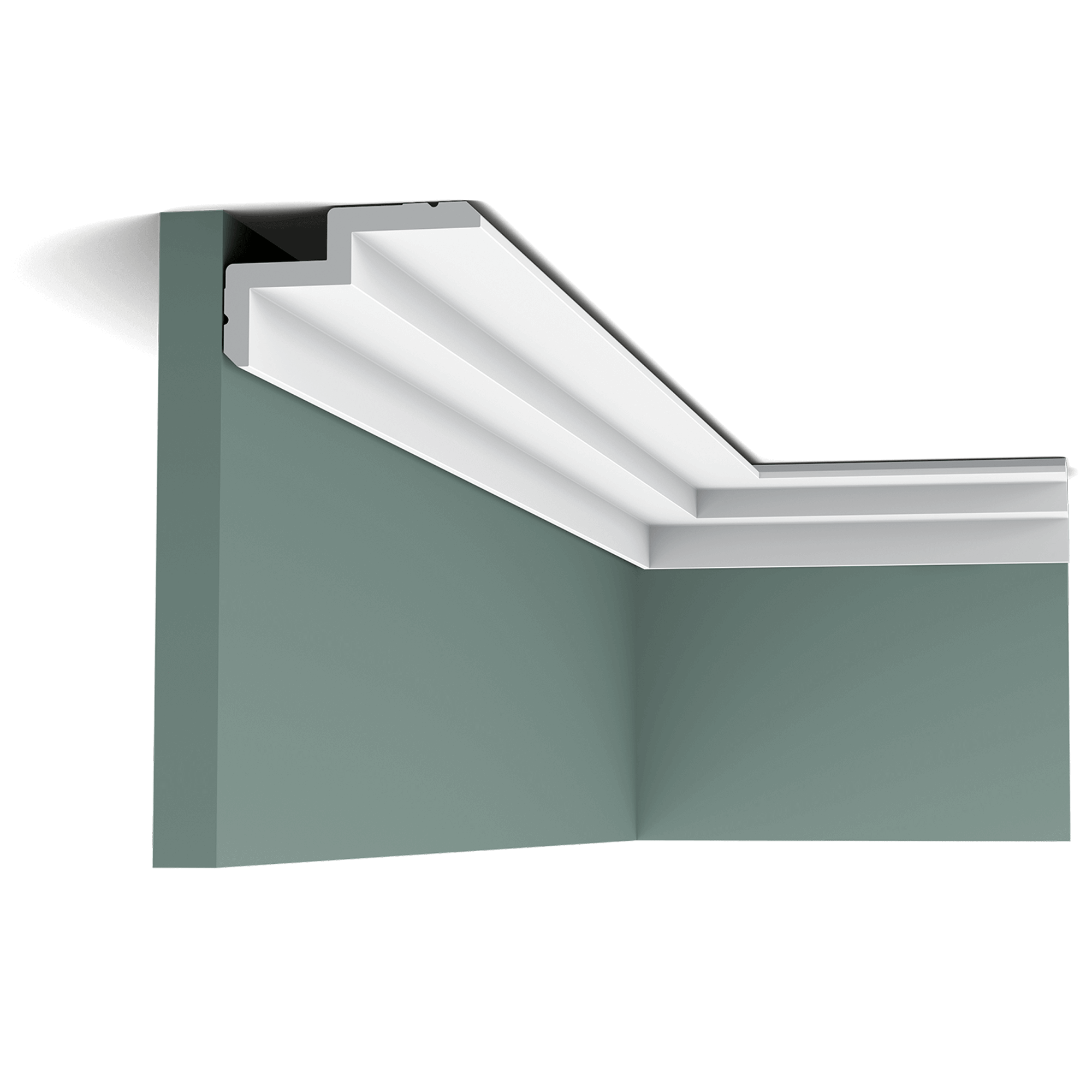 c390 cornice moulding 55fd A clean, modern profile from the Steps range. The angled corners above and below provide additional subtle shadow lines. Designed by Orio Tonini.