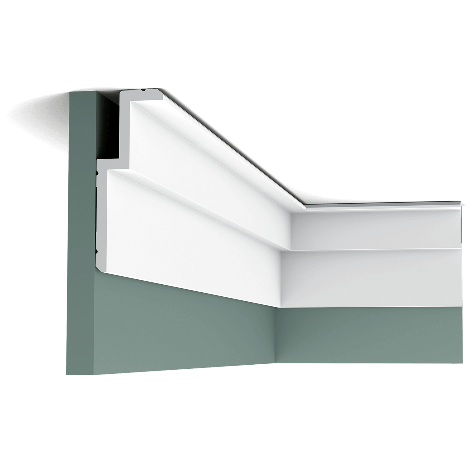 c391 border 44d3 A clean, modern profile from the Steps range. Here we fix the largest section to the wall for an elevated effect. The angled corners above and below provide additional subtle shadow lines. Designed by Orio Tonini.