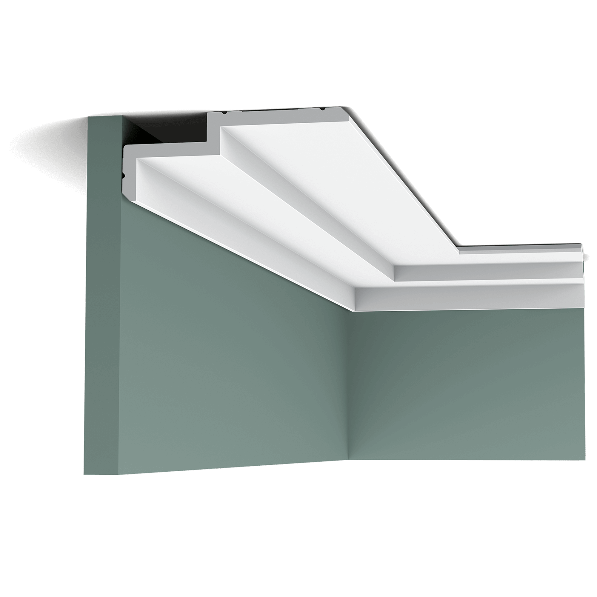 c391 cornice moulding 2583 A clean, modern profile from the Steps range. Here we fix the largest section to the ceiling, making the space seem wider. The angled corners above and below provide additional subtle shadow lines. Designed by Orio Tonini.