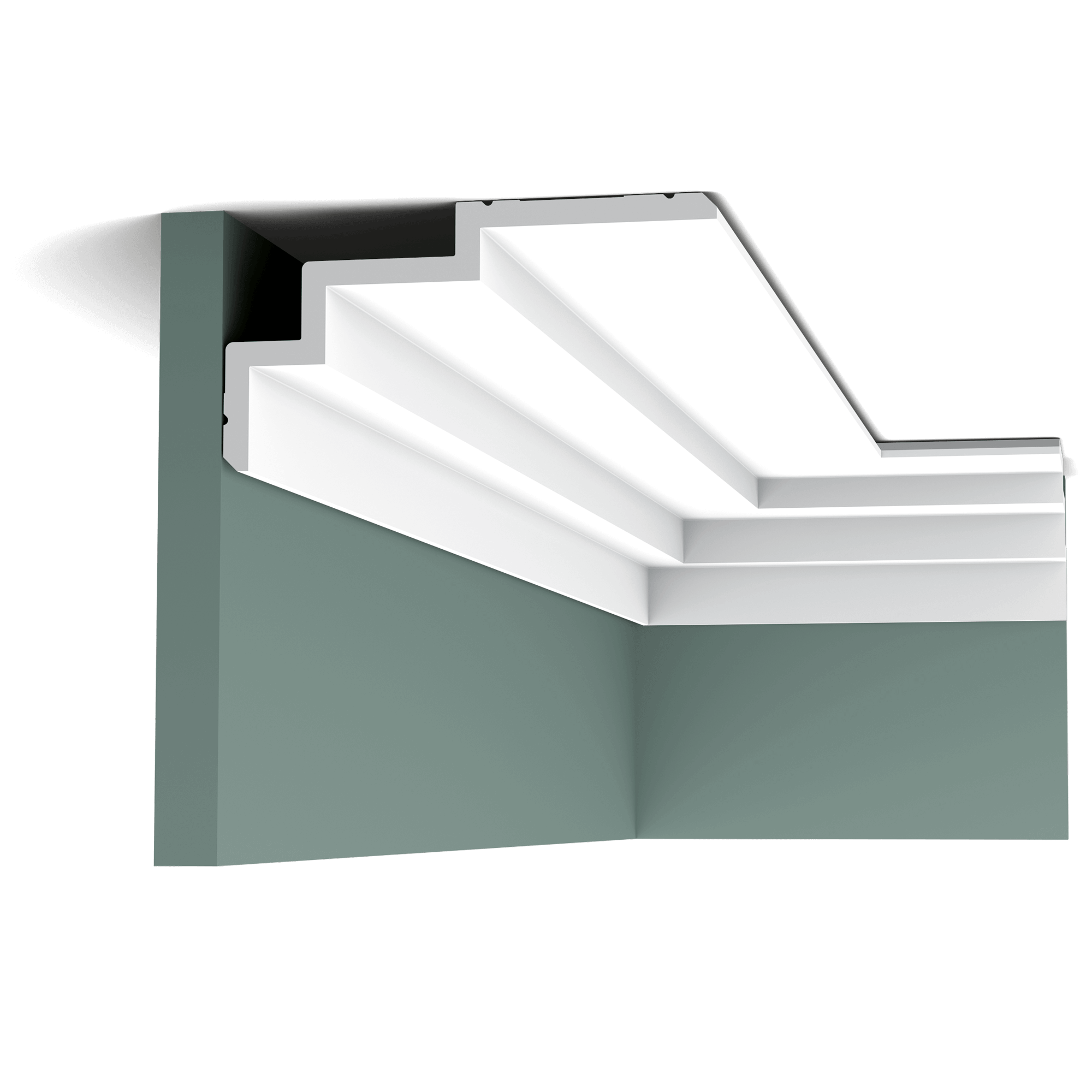 c392 cornice moulding d8c4 A clean, modern profile from the Steps range. The angled corners above and below provide additional subtle shadow lines. Designed by Orio Tonini.