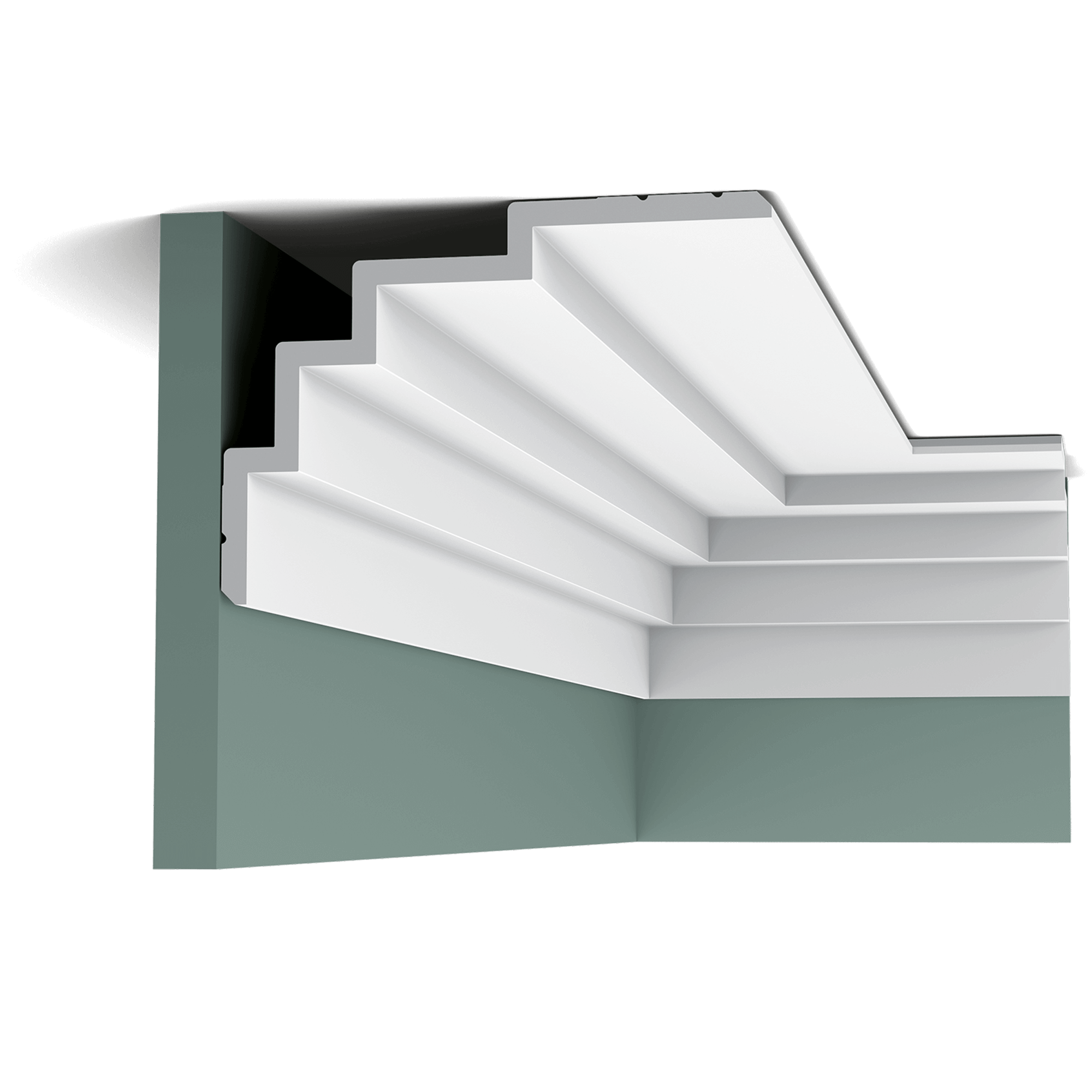 c393 cornice moulding 3d51 This clean, modern profile is the foundation of the Steps range. Here we fix the largest section to the ceiling, making the space seem wider. The angled corners above and below provide additional subtle shadow lines. Designed by Orio Tonini.