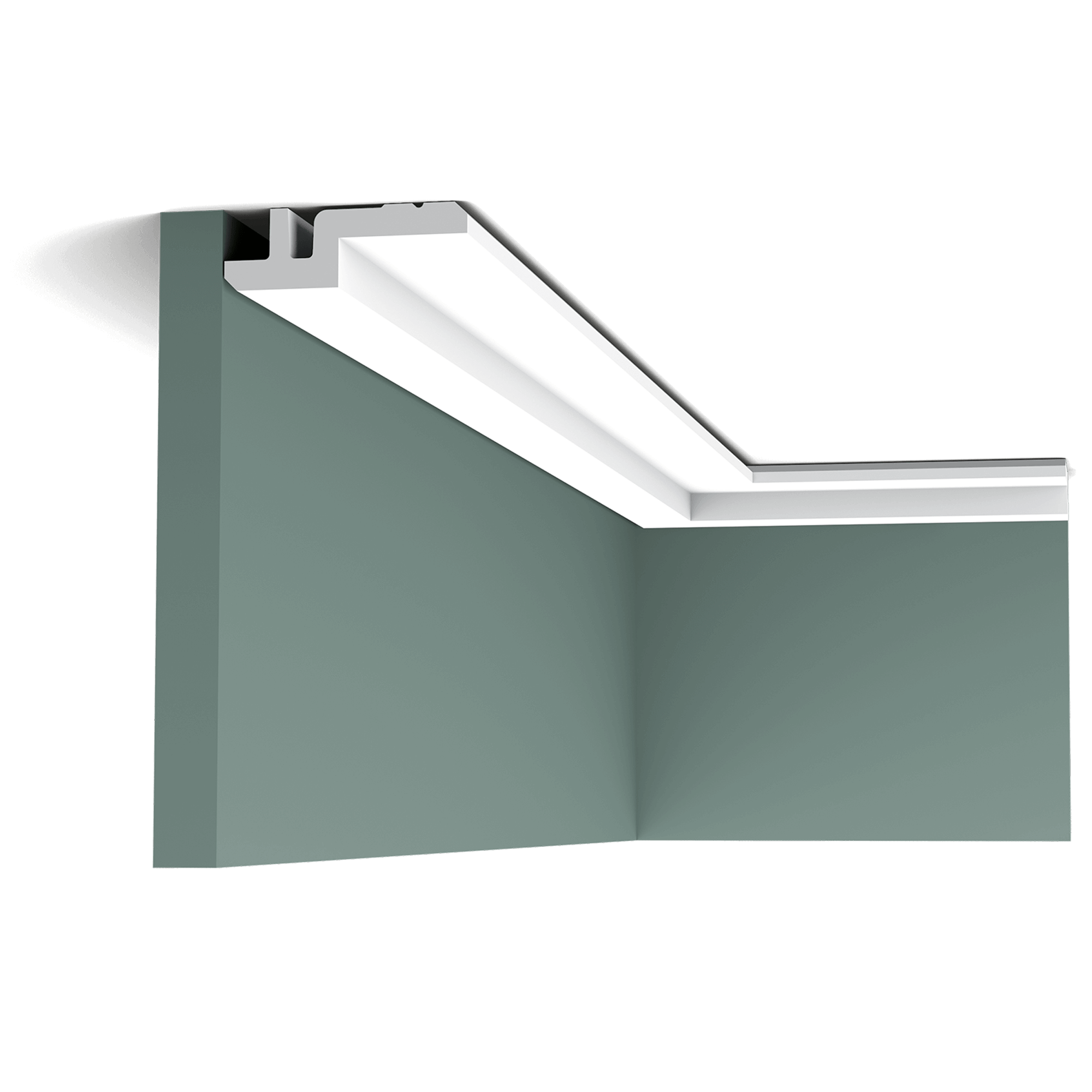 c394 cornice moulding 89ca A clean, modern profile from the Steps range. Here we fix the largest section to the ceiling, making the space seem wider. The angled corners above and below provide additional subtle shadow lines. Designed by Orio Tonini.