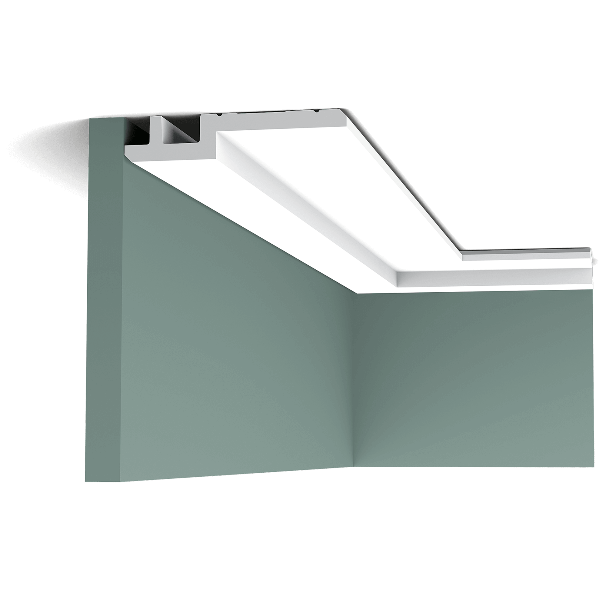 c395 cornice moulding 11e7 A clean, modern profile from the Steps range. Here we fix the largest section to the ceiling, making the space seem wider. The angled corners above and below provide additional subtle shadow lines. Designed by Orio Tonini.