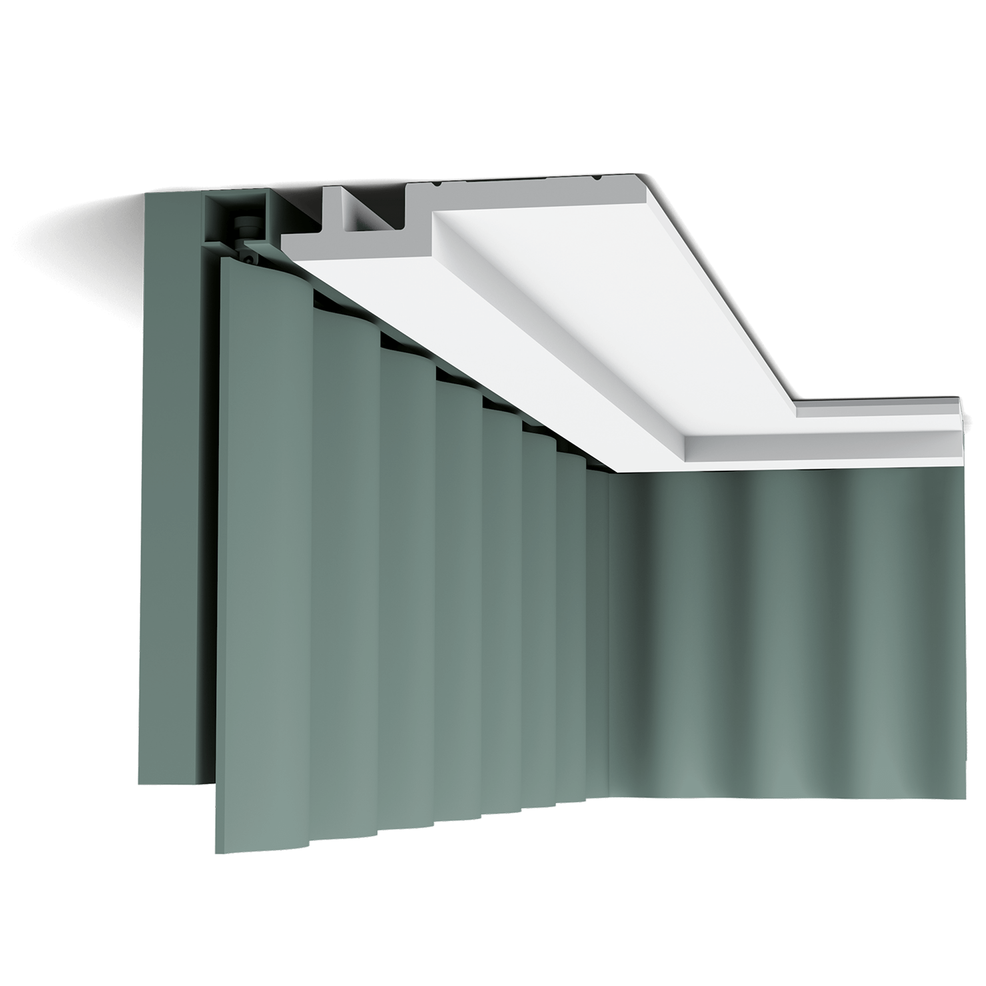 c395 curtain profile bf0d A clean, modern profile from the Steps range. Here we fix the largest section to the ceiling, making the space seem wider. The angled corners above and below provide additional subtle shadow lines. Designed by Orio Tonini.