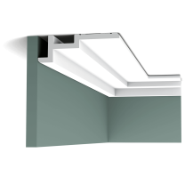 c396 cornice moulding 9bd6 A clean, modern profile from the Steps range. Here we fix the largest section to the ceiling, making the space seem wider. The angled corners above and below provide additional subtle shadow lines. Designed by Orio Tonini.