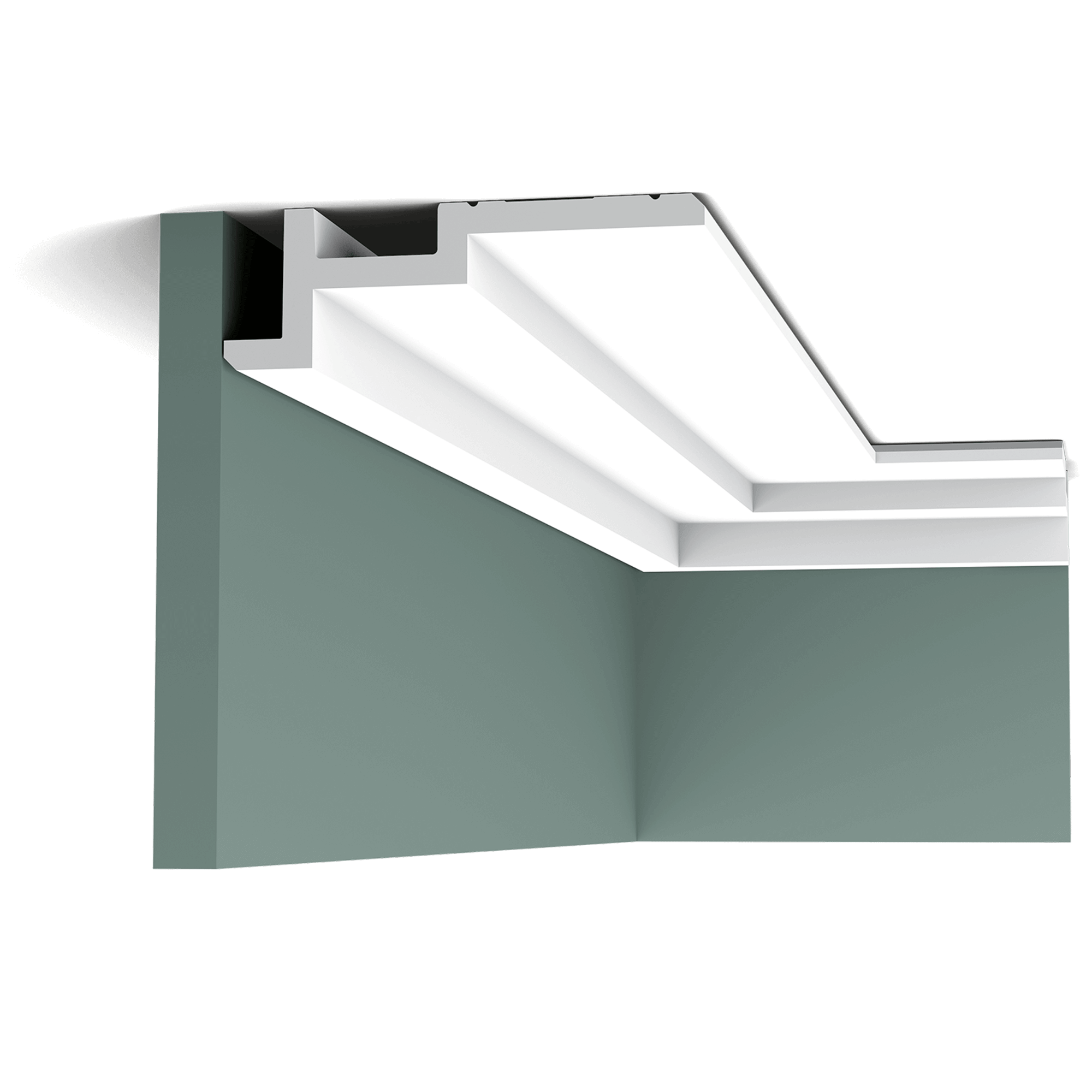 c396 cornice moulding 9bd6 A clean, modern profile from the Steps range. Here we fix the largest section to the ceiling, making the space seem wider. The angled corners above and below provide additional subtle shadow lines. Designed by Orio Tonini.