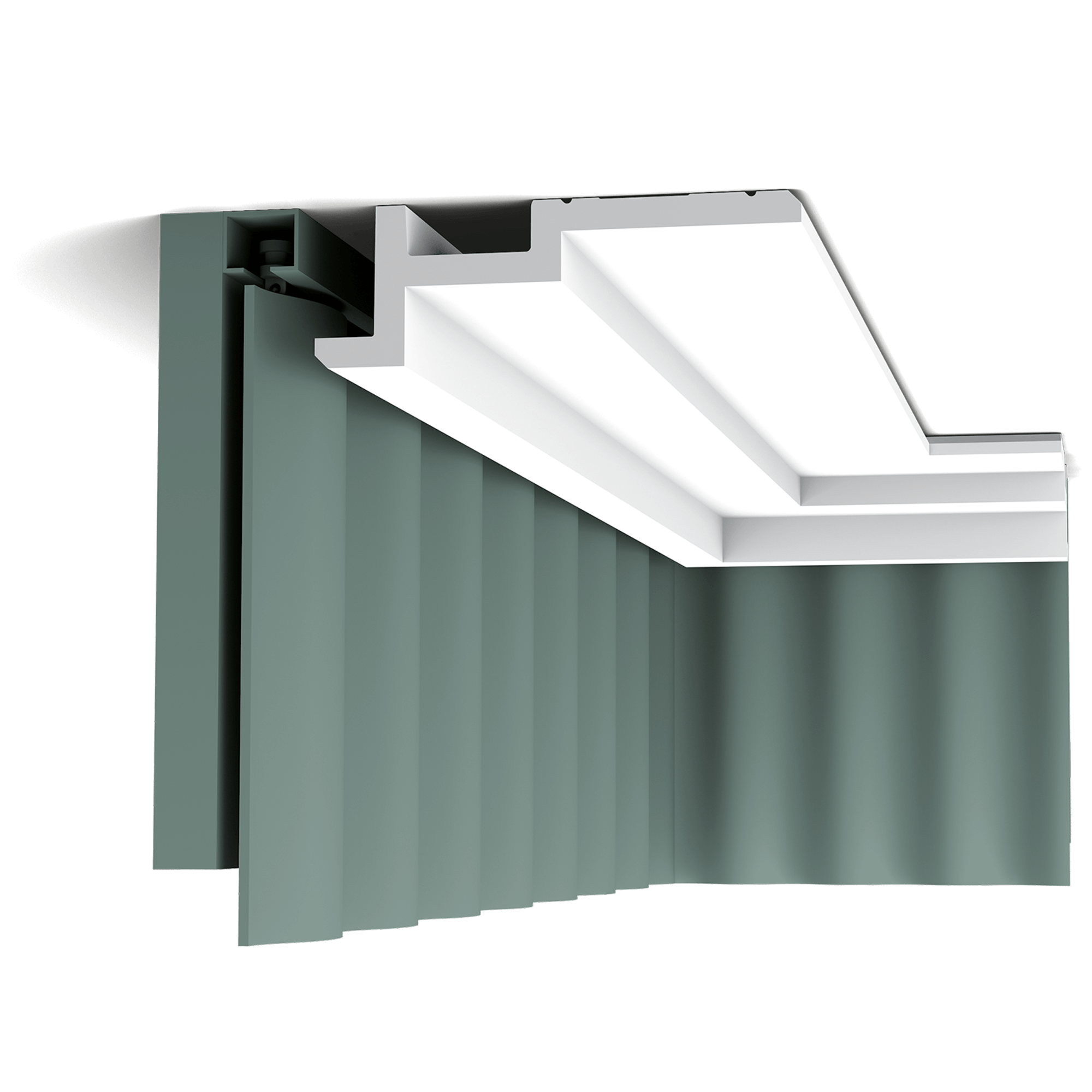 c396 curtain profile 387f This clean, modern profile from the Steps range is also suitable as a curtain pelmet. This nicely conceals the curtain fixtures for a neat finish. Designed by Orio Tonini.
