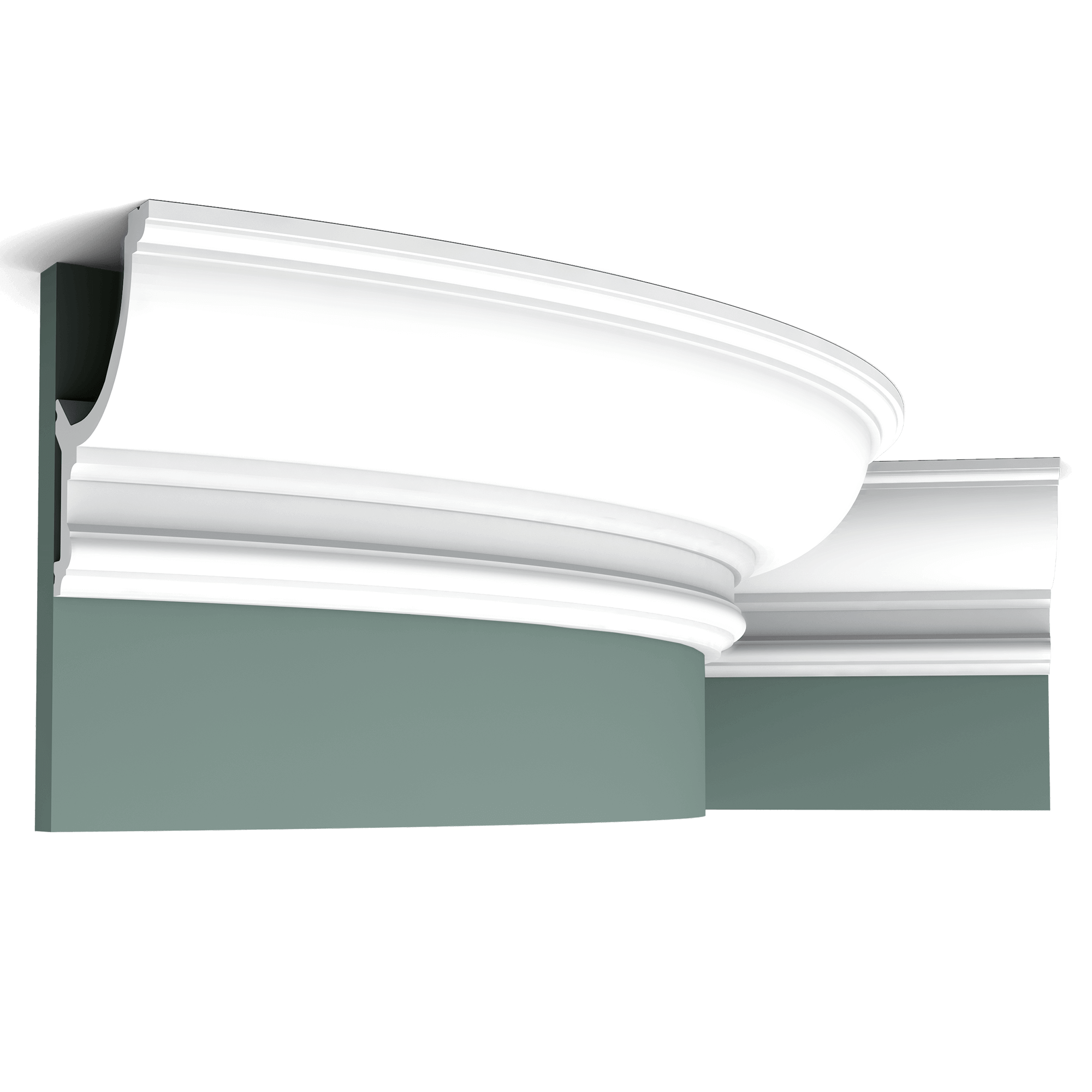 c901f cornice moulding a46d Flexible version of the C901. Large Ovolo-inspired cornice moulding. Thanks to its Flex technology, curved walls and surfaces are no problem. Installation remark: It is necessary to screw this profile on the wall. Flex Radius: R min = 600 cm