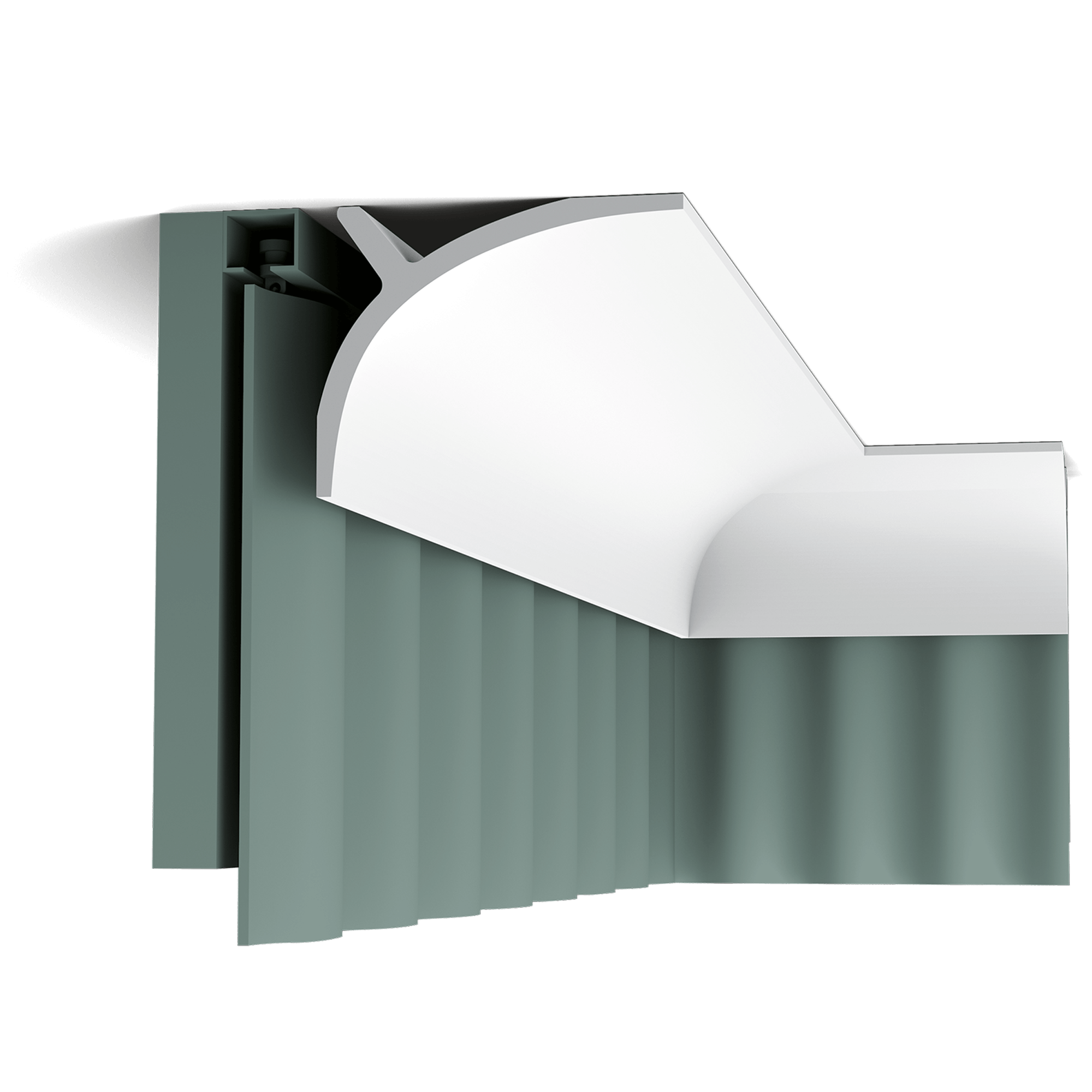 c991 curtain profile ef29 A contemporary cornice moulding with multiple applications. The additional installation bracket allows this profile to conceal curtain systems seamlessly. Designed by Ulf Moritz.