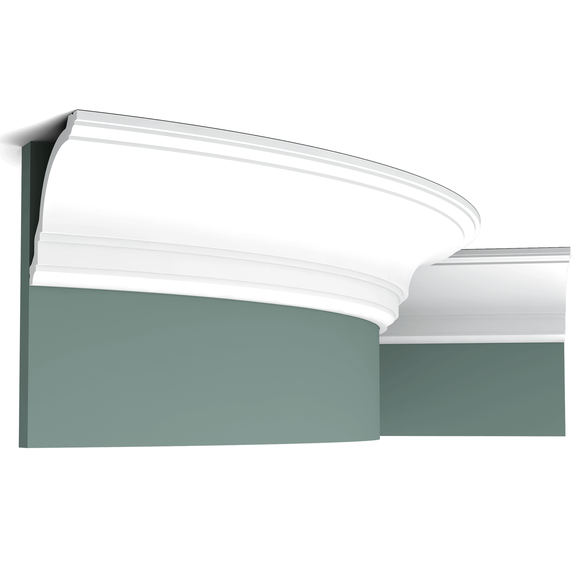 Flexible version of the CX106. This elegant cornice moulding creates a subtle transition from wall to ceiling. Thanks to its Flex technology, curved walls and surfaces are no problem. Installation remark: It is necessary to screw this profile on the wall. Flex Radius: R min = 360 cm