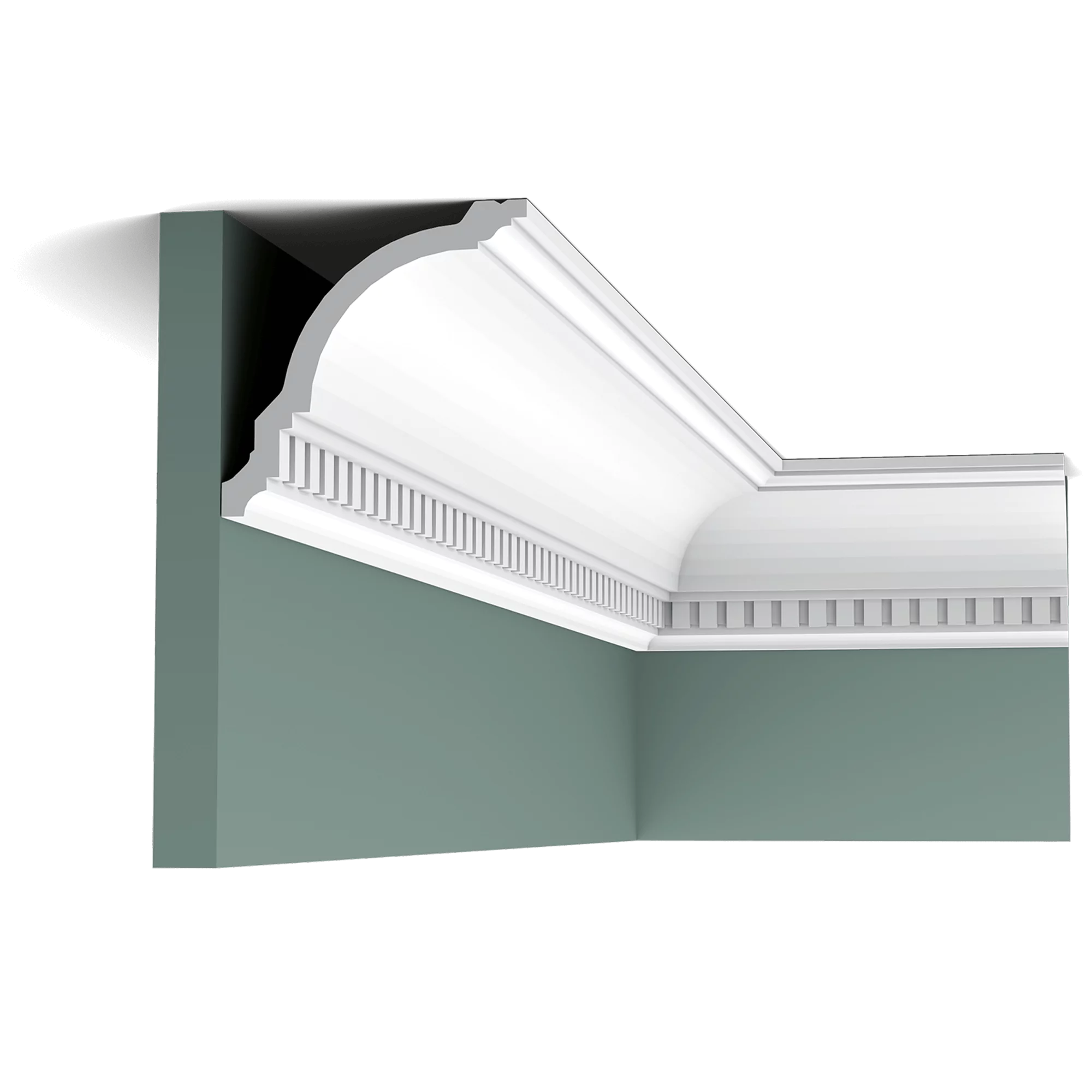 This elegant cornice moulding creates a subtle transition from wall to ceiling.