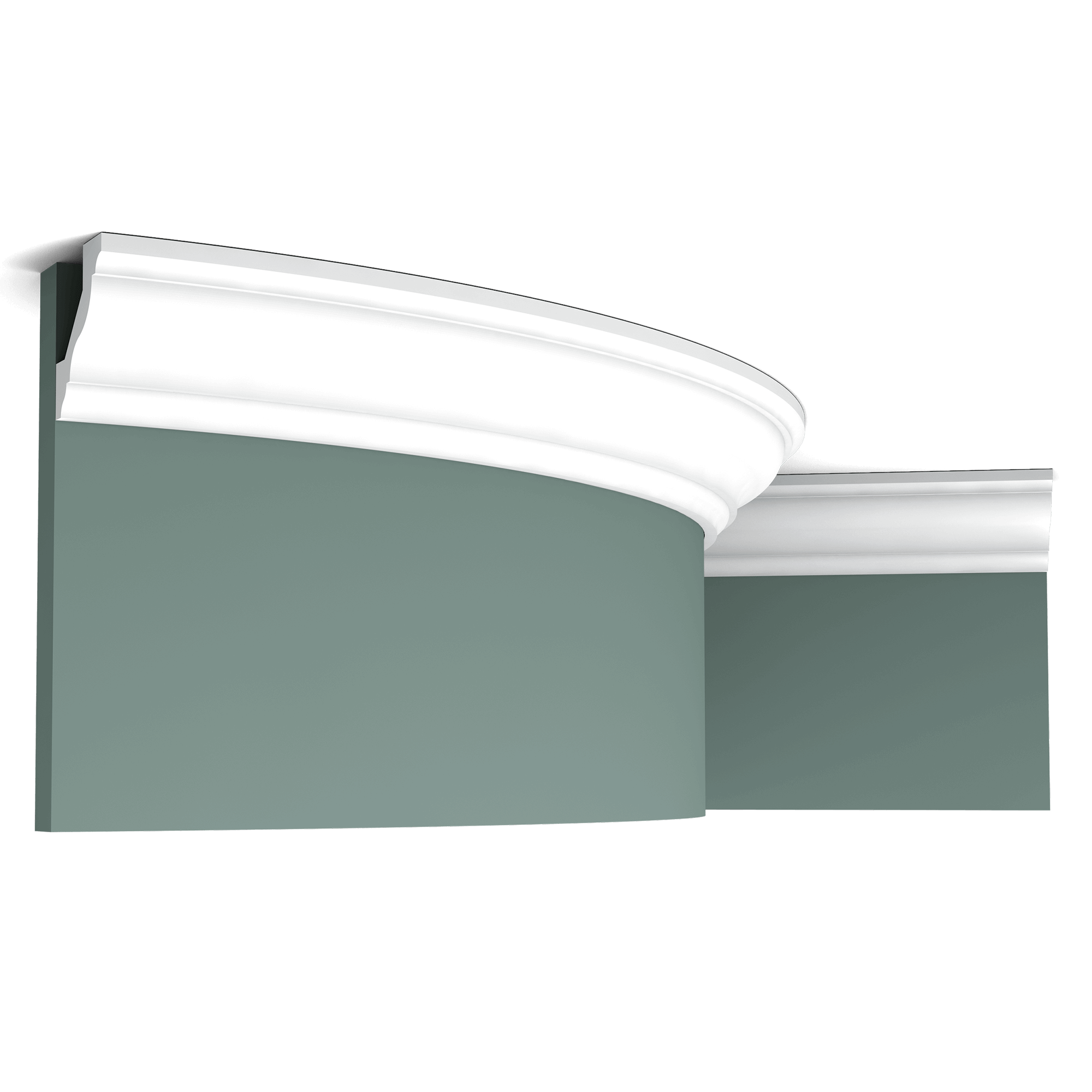 Flexible version of the CX110. This classic cornice moulding creates an elegant transition from wall to ceiling. Thanks to its Flex technology, curved walls and surfaces are no problem. Installation remark: It is necessary to screw this profile on the wall. Flex Radius: R min = 180 cm