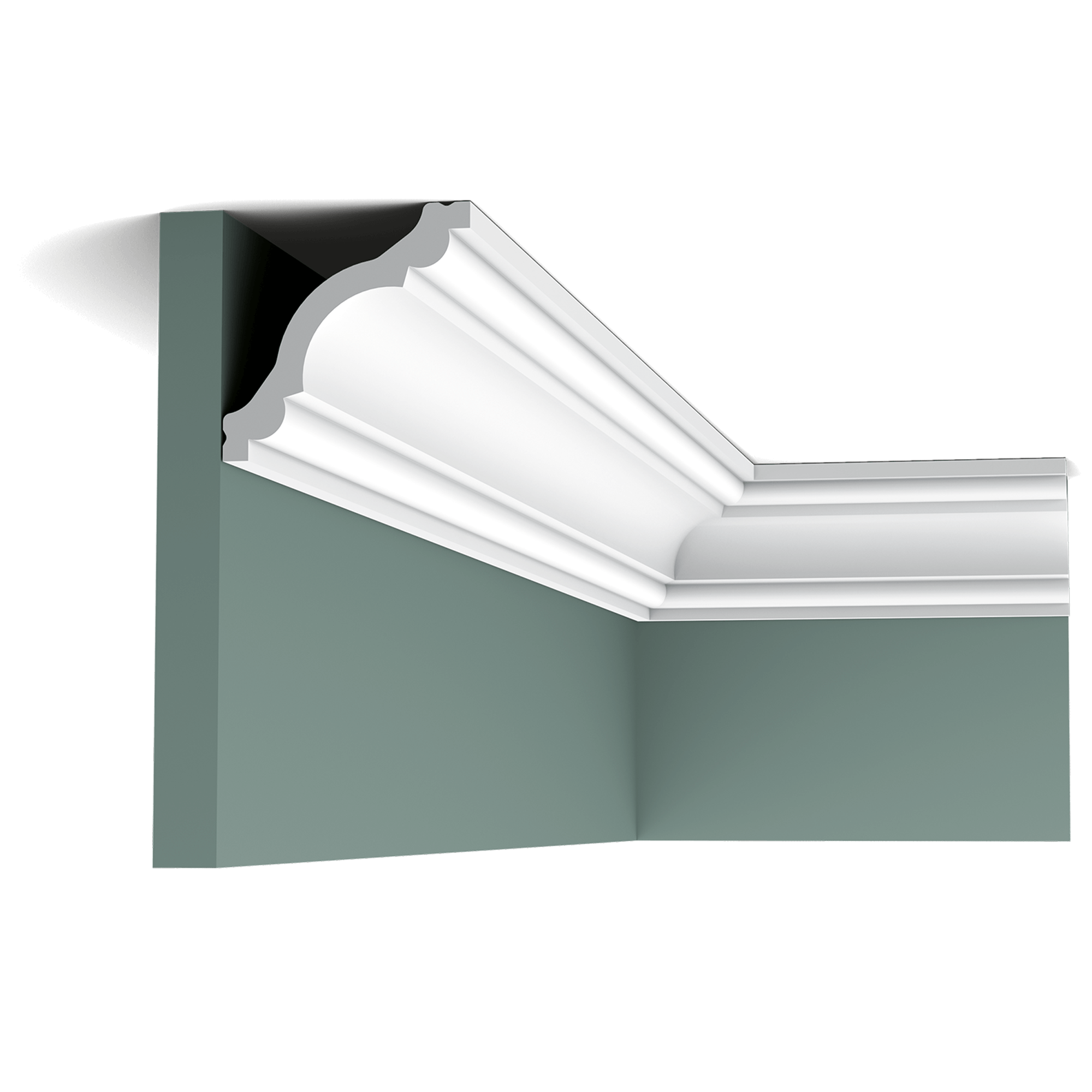 This classic cornice moulding with elegant curves creates a neat transition from wall to ceiling.