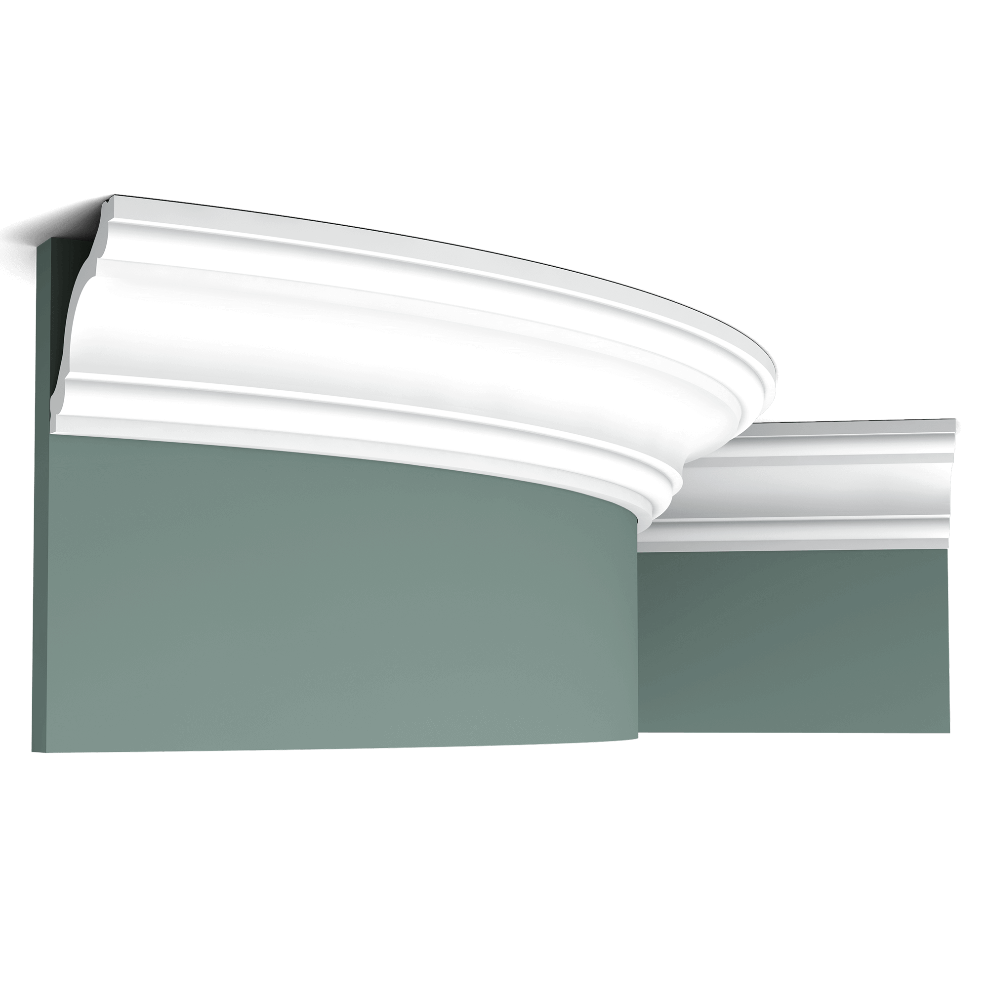 Flexible version of the CX123. This classic cornice moulding with elegant curves creates a neat transition from wall to ceiling. Thanks to its Flex technology, curved walls and surfaces are no problem. Installation remark: It is necessary to screw this profile on the wall. Flex Radius: R min = 280 cm