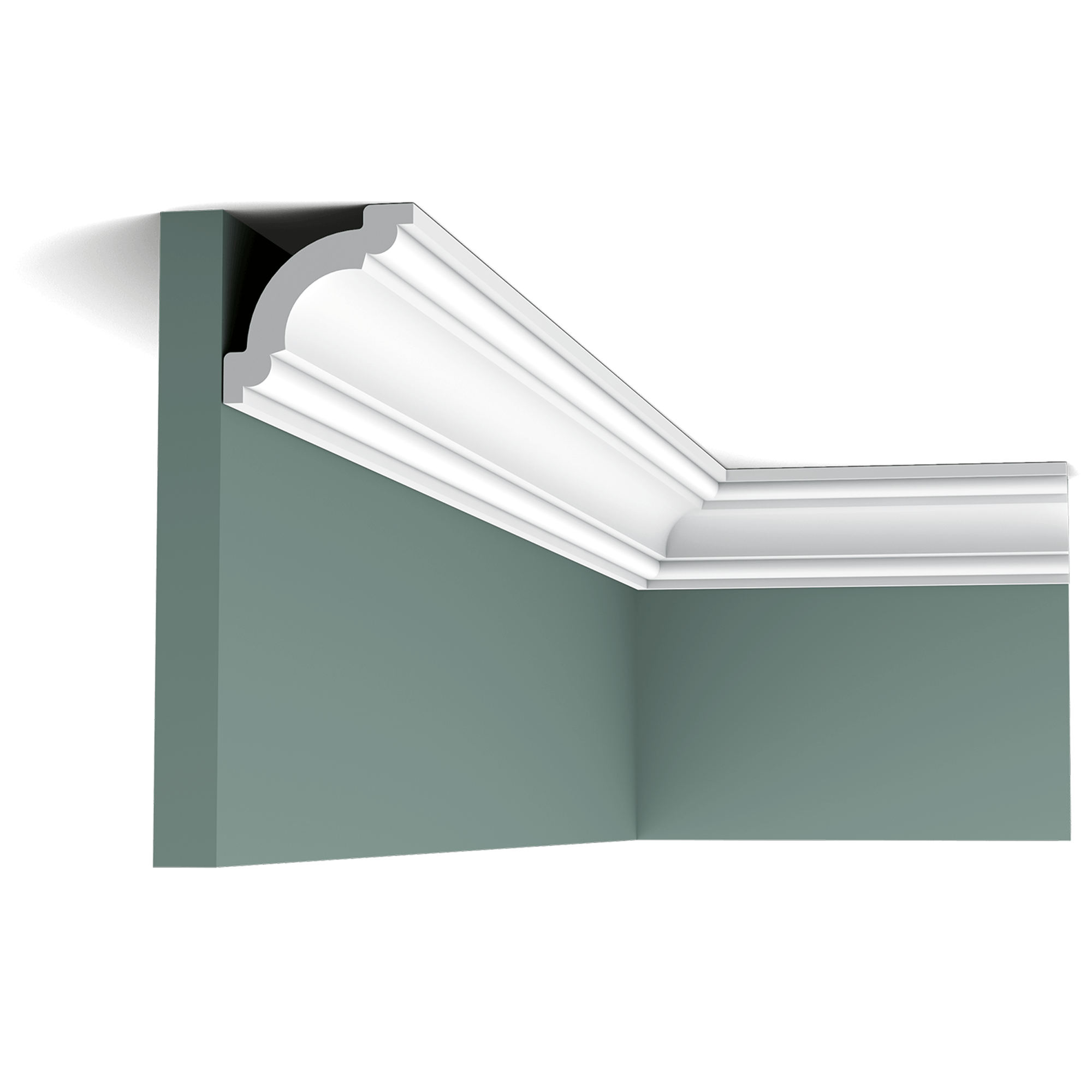 This classic cornice moulding with elegant curves creates a neat transition from wall to ceiling.
