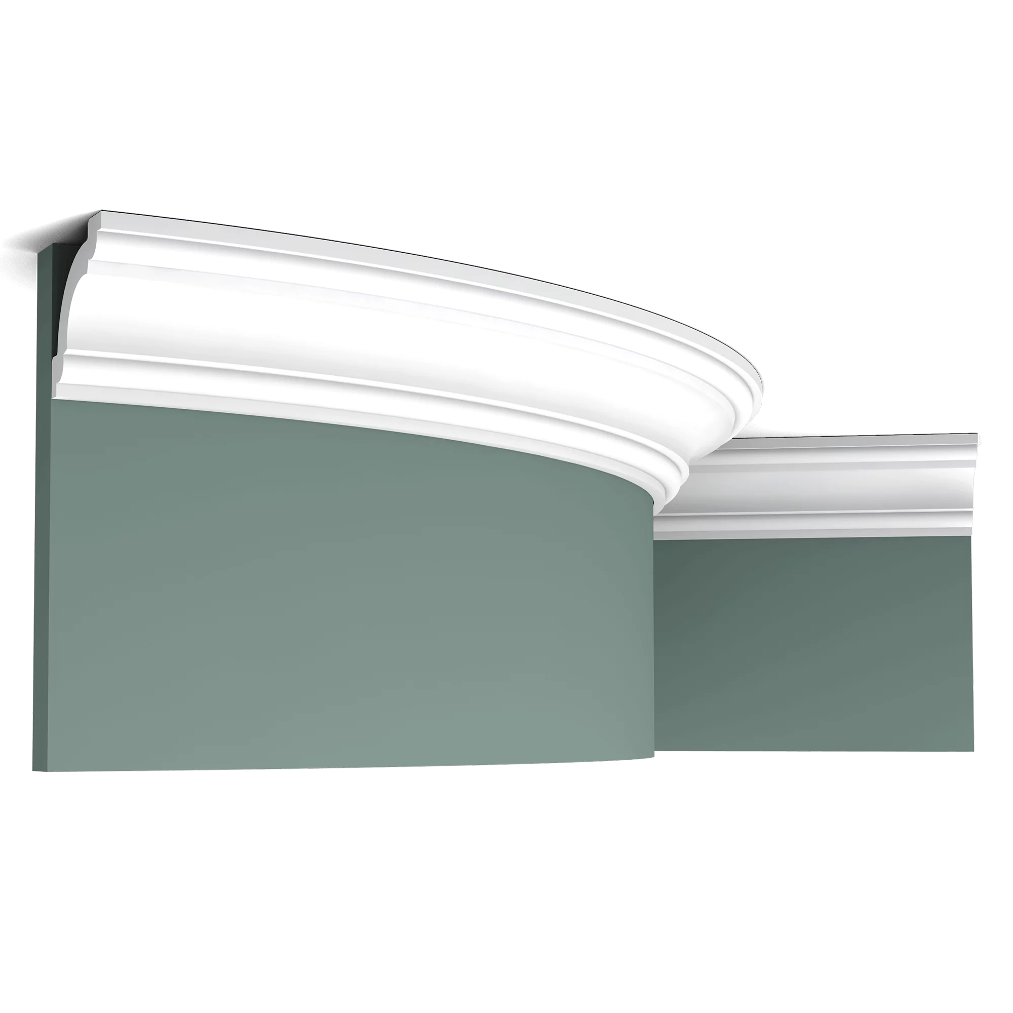 Flexible version of the CX124. This classic cornice moulding with elegant curves creates a neat transition from wall to ceiling. Thanks to its Flex technology, curved walls and surfaces are no problem. Installation remark: It is necessary to screw this profile on the wall. Flex Radius: R min = 160 cm