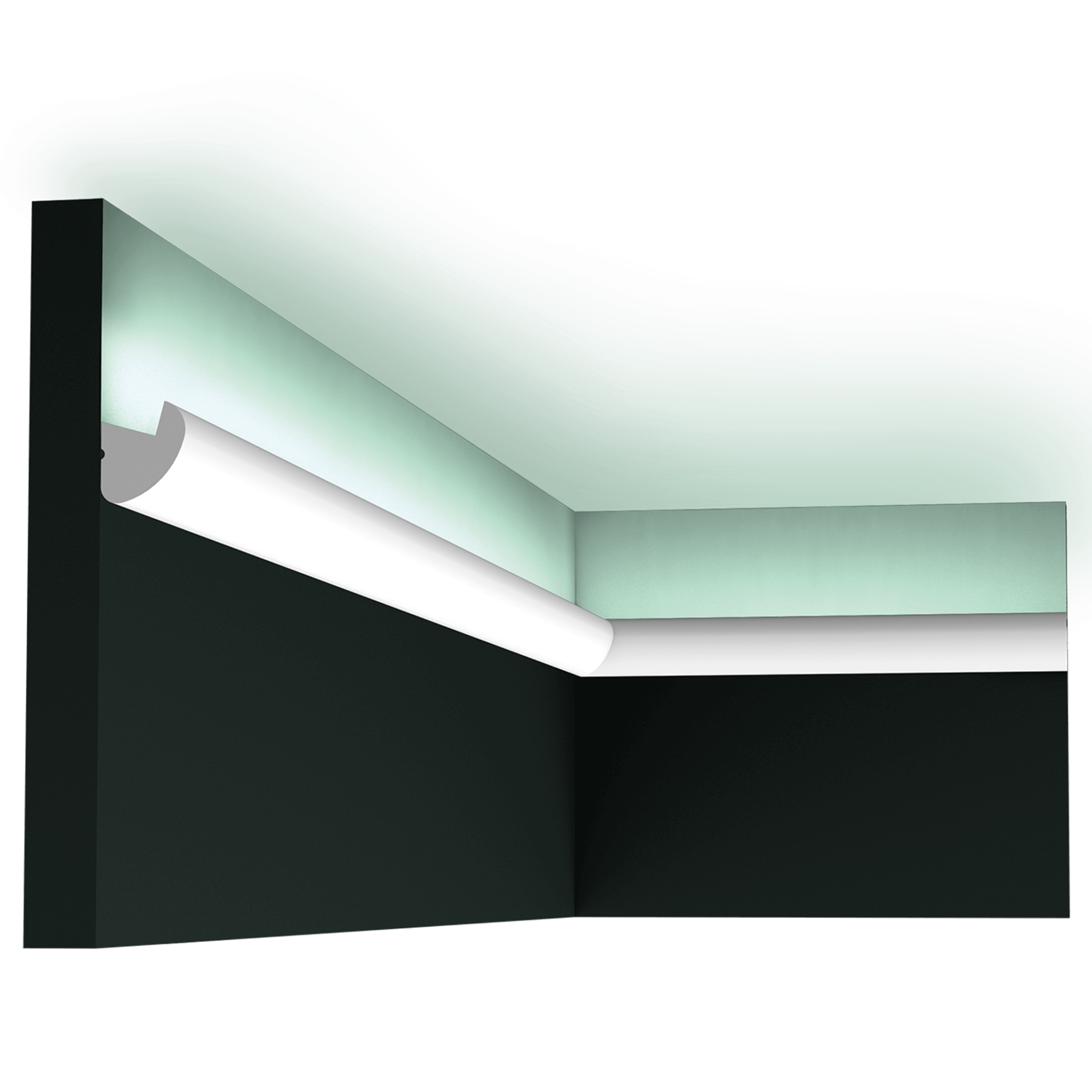 Rounded compact design profile for indirect LED lighting. The subtle shadow line adds to the lighting's ambience. Designed by Orio Tonini. Installation remark: use an aluminum tape on the inside of the profile, or an aluminum LED support to avoid the light showing through the moulding.