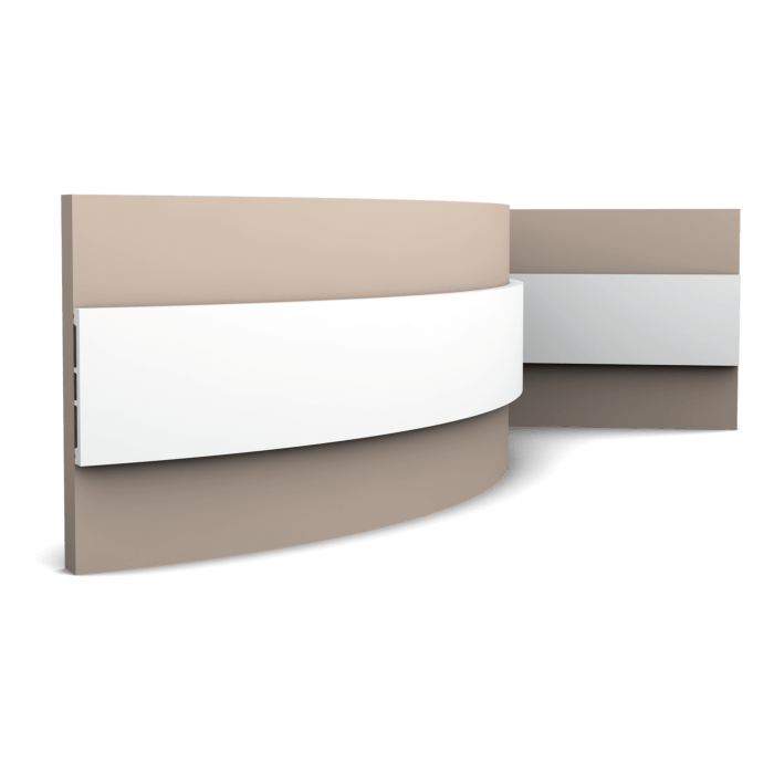 main img 14 Flexible version of the SX163. Our simplest panel moulding is part of the SQUARE family. Thanks to its Flex technology, curved walls and surfaces are no problem. Installation remark: It is necessary to screw this profile on the wall. Flex Radius: R min = 35 cm