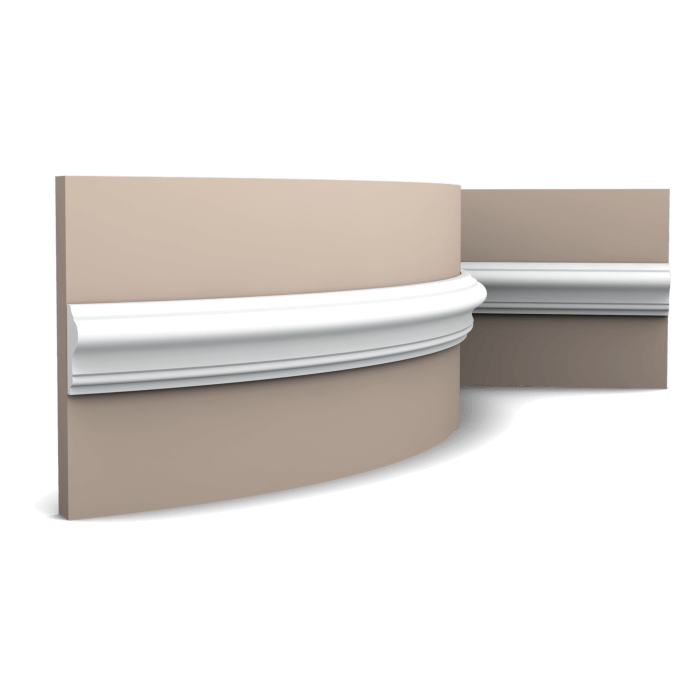 main img 5 Flexible version of the P8030. This panel moulding's elegant design provides any space with refined allure. Thanks to its Flex technology, curved walls and surfaces are no problem. Installation remark: It is necessary to screw this profile on the wall. Flex Radius: R min = 20 cm, R* min = 70 cm