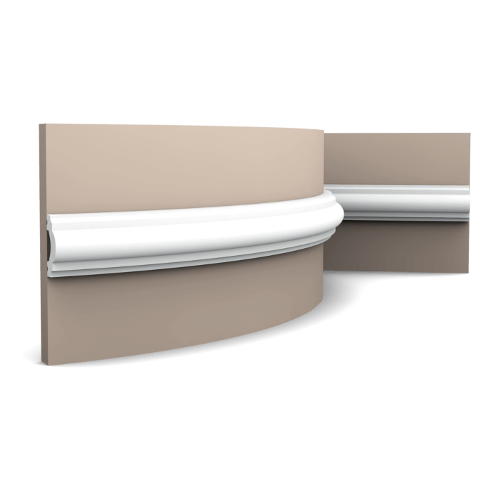 main img 9 Flexible version of the PX120. Classic panel moulding with gentle curlicues. Thanks to its Flex technology, curved walls and surfaces are no problem. Installation remark: It is necessary to screw this profile on the wall. Flex Radius: R min = 30 cm, R* min = 110 cm