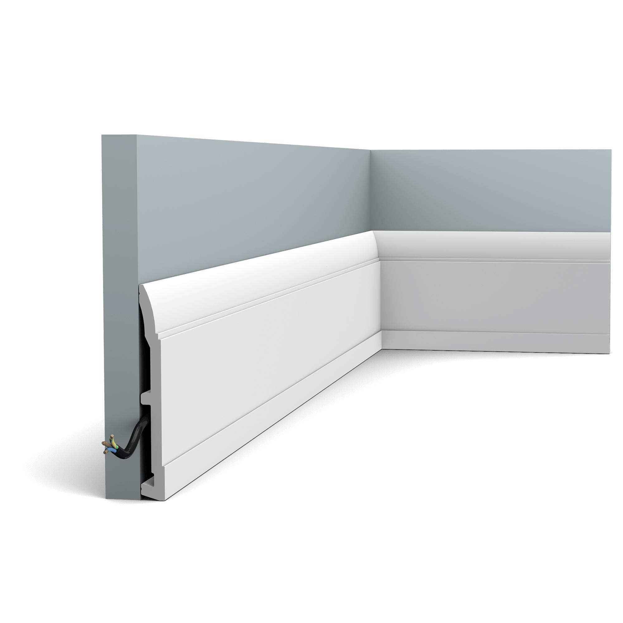 Modern skirting board with linear pattern. The restrained design of this skirting board makes it suitable for a variety of decorating styles.