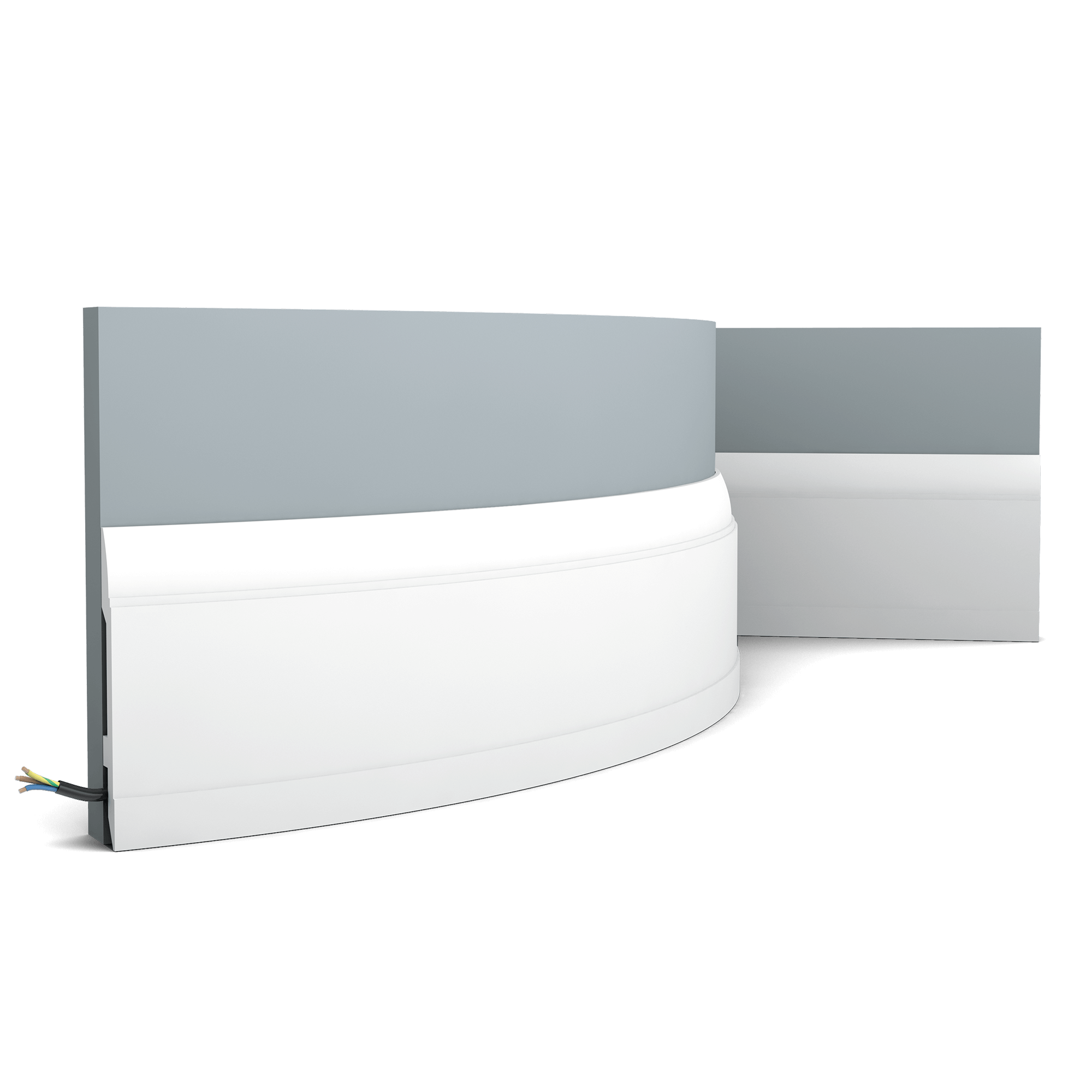 Flexible version of the SX104. Modern skirting board with linear pattern. The restrained design of this skirting board makes it suitable for a variety of decorating styles. Thanks to its Flex technology, curved walls and surfaces are no problem. Installation remark: It is necessary to screw this profile on the wall. Flex Radius: R min = 40 cm