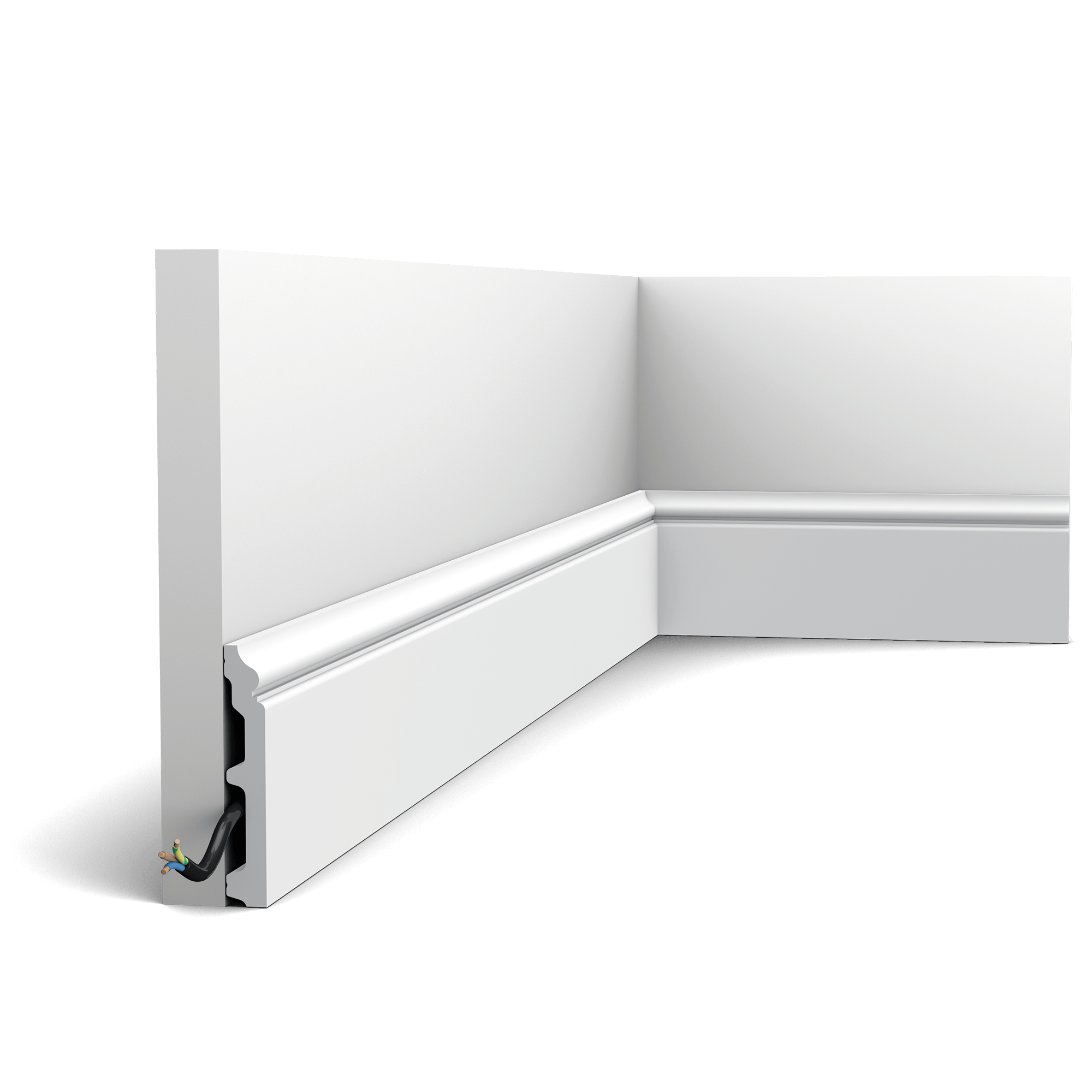 NEW - Product finished with RAL9003 Signal white. It is not necessary to repaint this profile after installation. Elegant, classic skirting board from the CONTOUR family which combines a minimalist design with gentle curlicues.