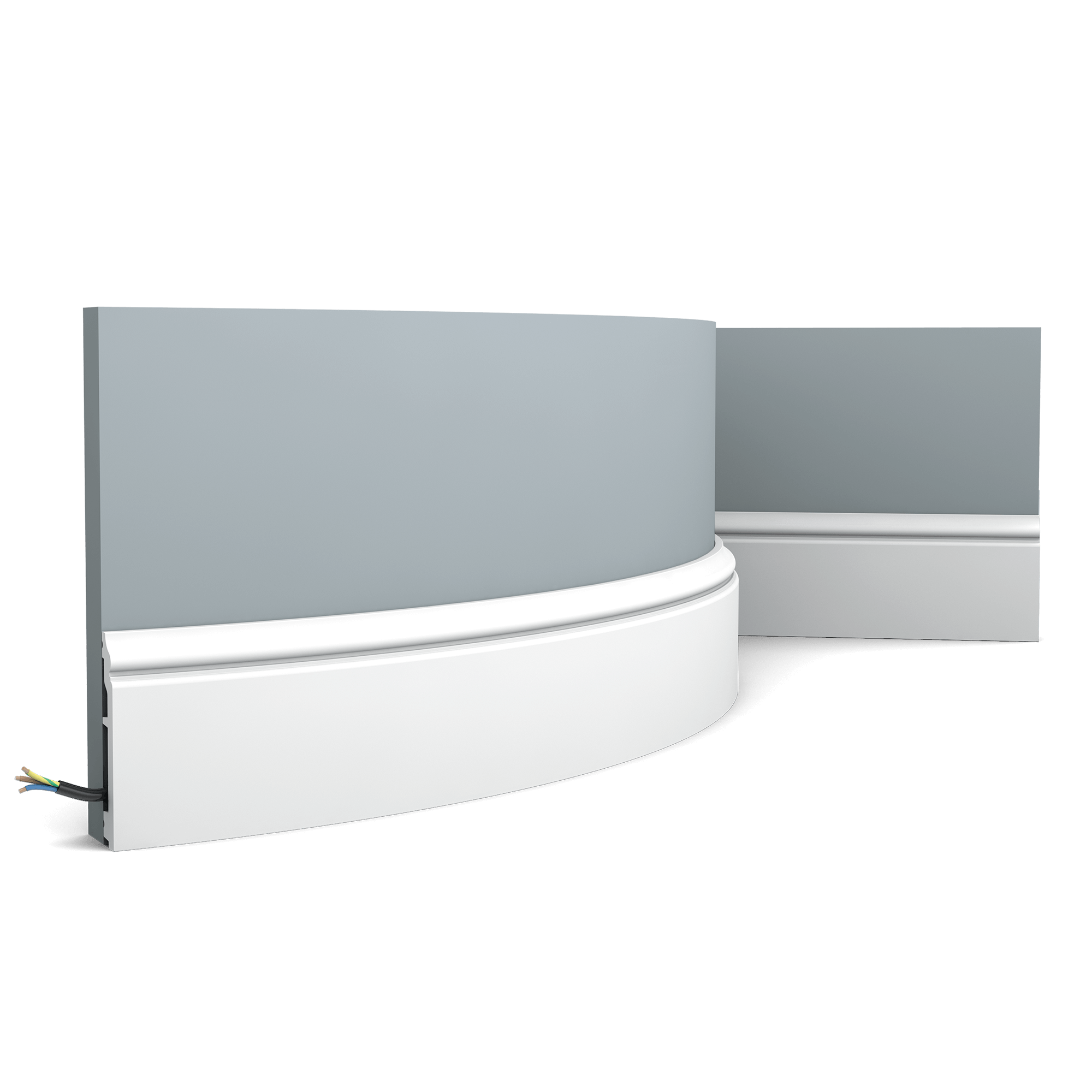 Flexible version of the SX173. Elegant, classic skirting board from the CONTOUR family which combines a minimalist design with gentle curlicues. Thanks to its Flex technology, curved walls and surfaces are no problem. Installation remark: It is necessary to screw this profile on the wall. Flex Radius: R min = 45 cm