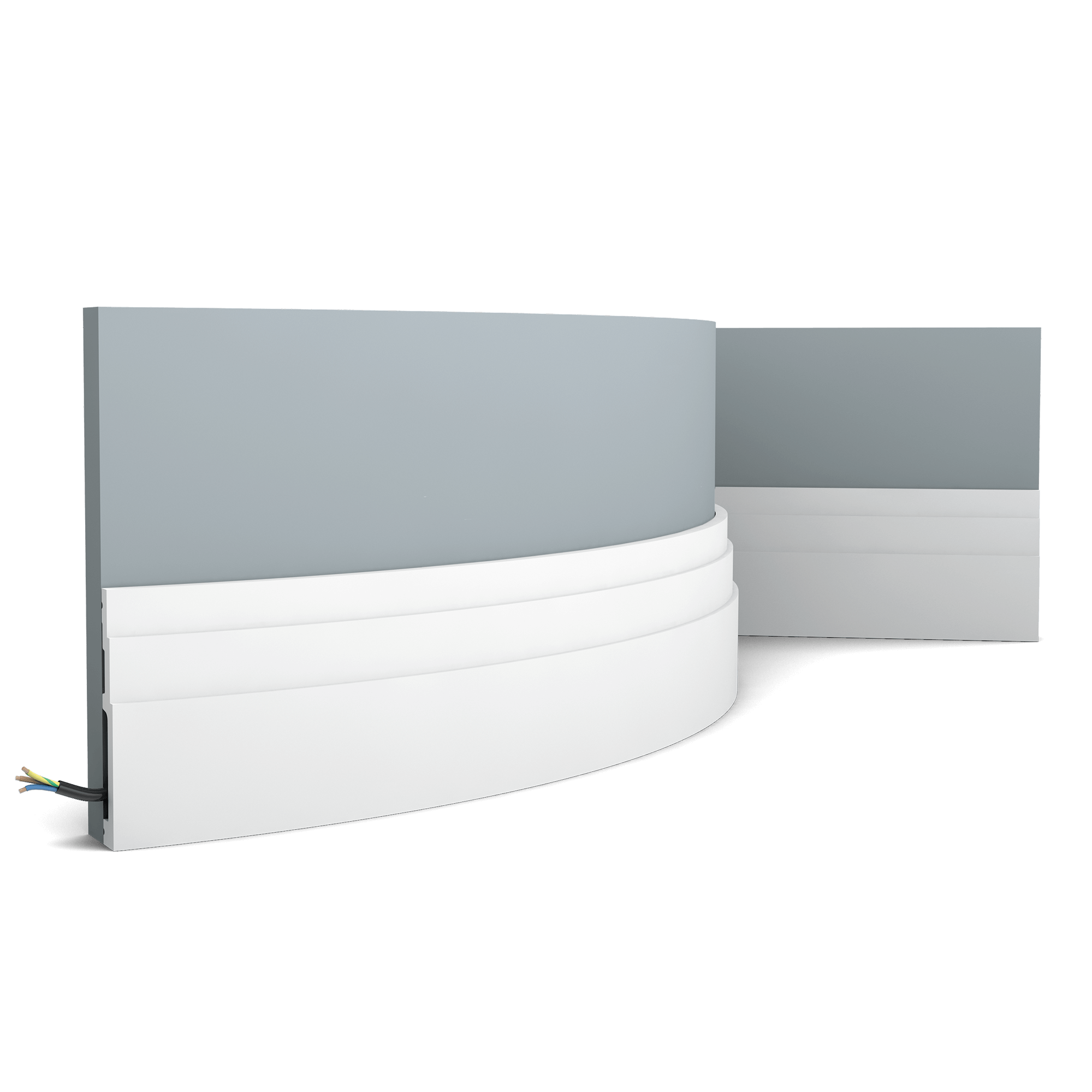 Flexible version of the SX180. The pure shape and perfect proportions of the High Line skirting boards create an ideal transition between floor and wall. Thanks to its Flex technology, curved walls and surfaces are no problem. Installation remark: It is necessary to screw this profile on the wall. Flex Radius: R min = 45 cm