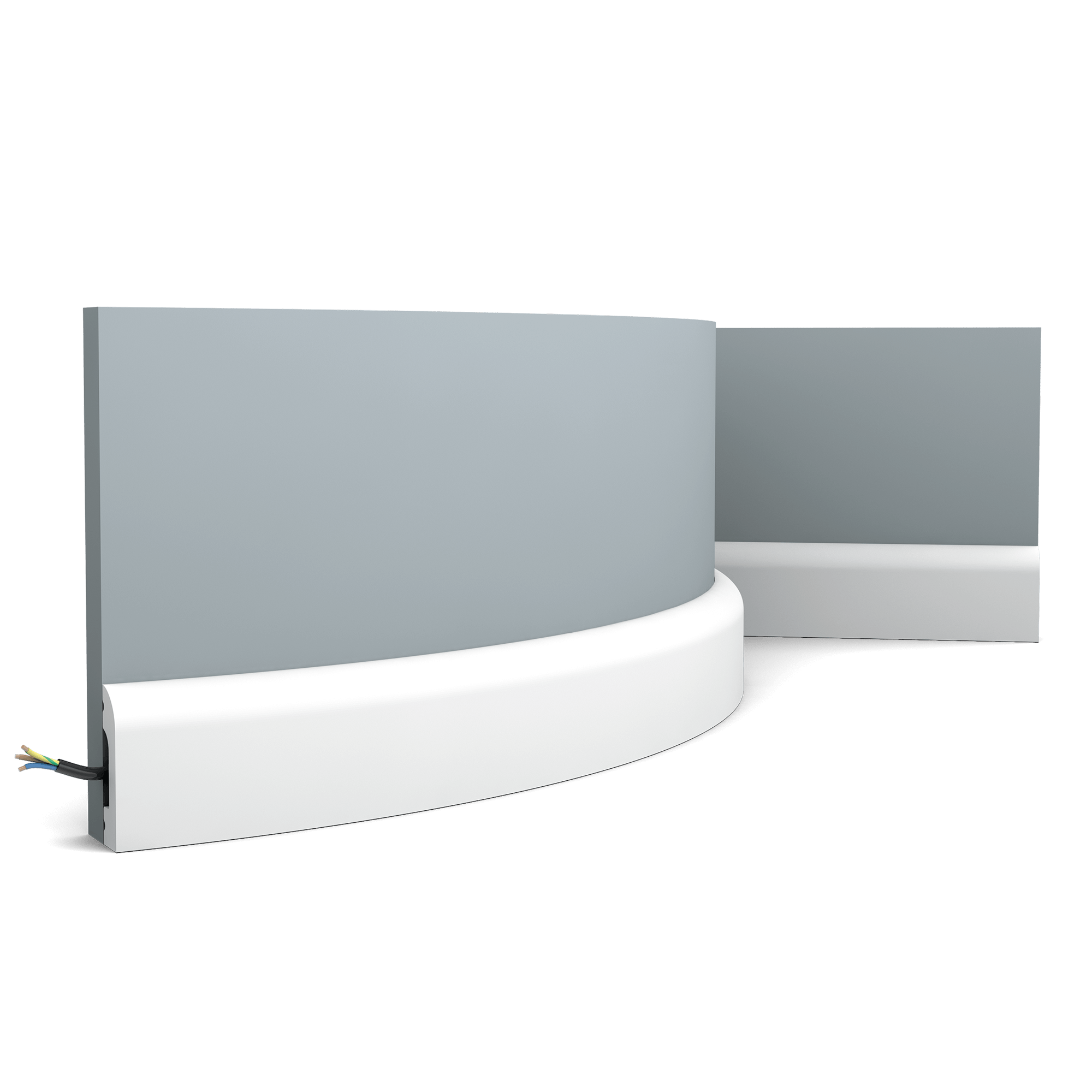 Flexible version of the SX182. This multifunctional skirting board with rounded top provides endless possibilities. Thanks to its Flex technology, curved walls and surfaces are no problem. Installation remark: It is necessary to screw this profile on the wall. Flex Radius: R min = 35 cm, R* min = 100 cm