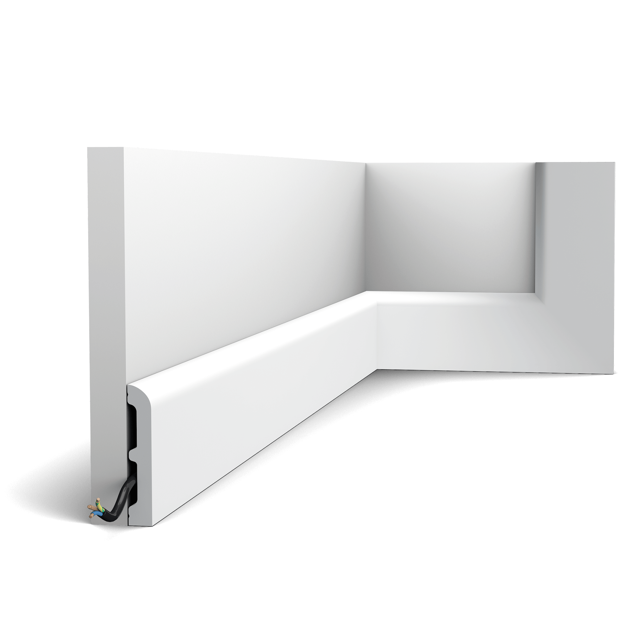 NEW - Product finished with RAL9003 Signal white. It is not necessary to repaint this profile after installation. This multifunctional skirting board with rounded top provides endless possibilities. Use together with other members of the CASCADE family to effortlessly provide the entire space with a cohesive look.