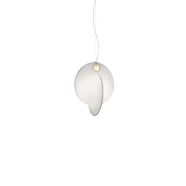 overlap s1 anastassiades flos f4633009 product still life big 1 Suspended lamp with diffused light. Internal structure in white powder painted steel. Resin diffuser Cocoon sprayed on the structure, with a transparent protection created by spraying at the end of the machining, ring for substitution of printed steel diffuser in polished, Gold-plated "Galvanic" finish. Die-cast rose in Zama polished and Gold-plated "Galvanic" finish.