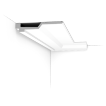c354 c This flat cornice moulding which extends along the ceiling provides a floating effect thanks to the recessed shadow line. Designed by Jacques Vergracht.