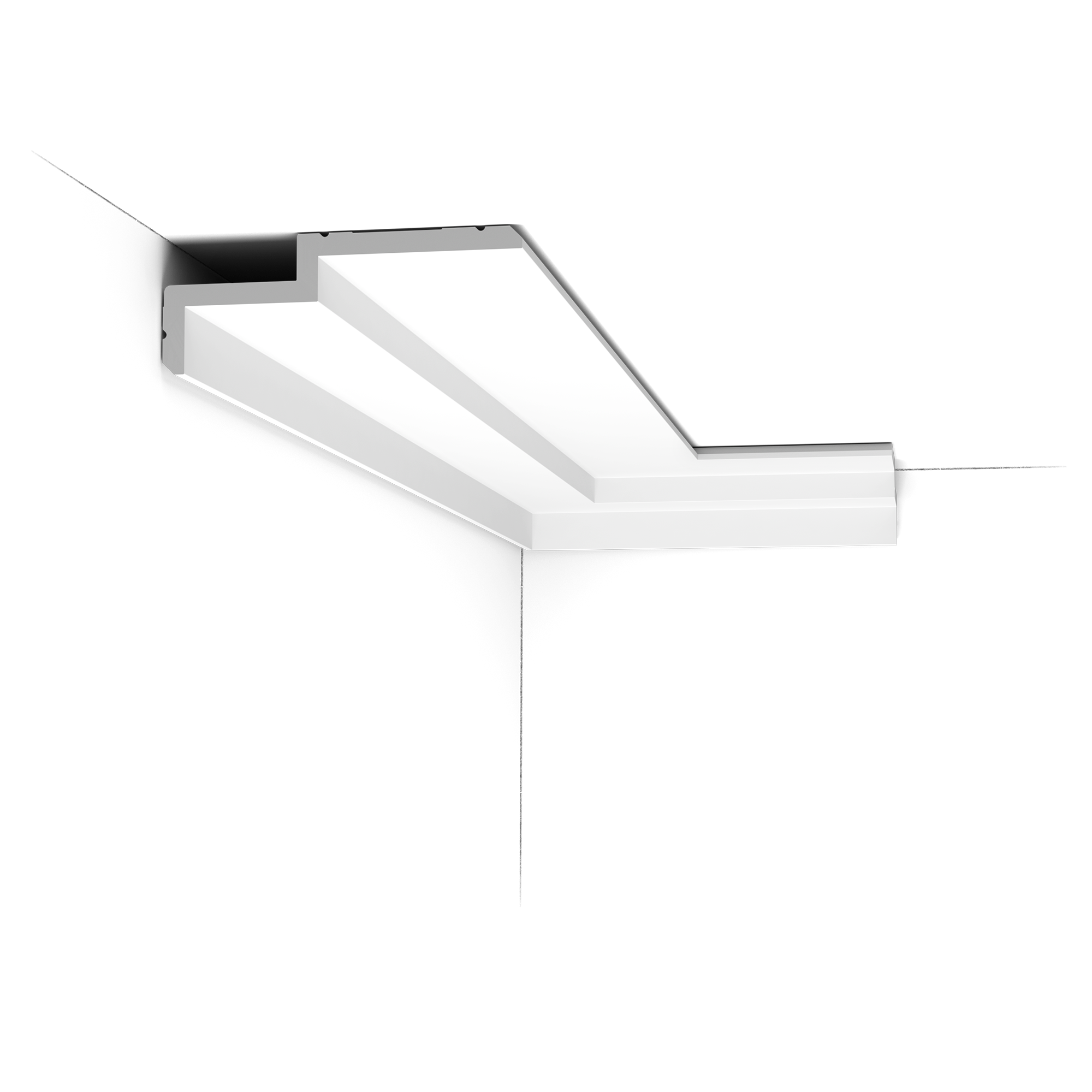 c391 c A clean, modern profile from the Steps range. Here we fix the largest section to the ceiling, making the space seem wider. The angled corners above and below provide additional subtle shadow lines. Designed by Orio Tonini.