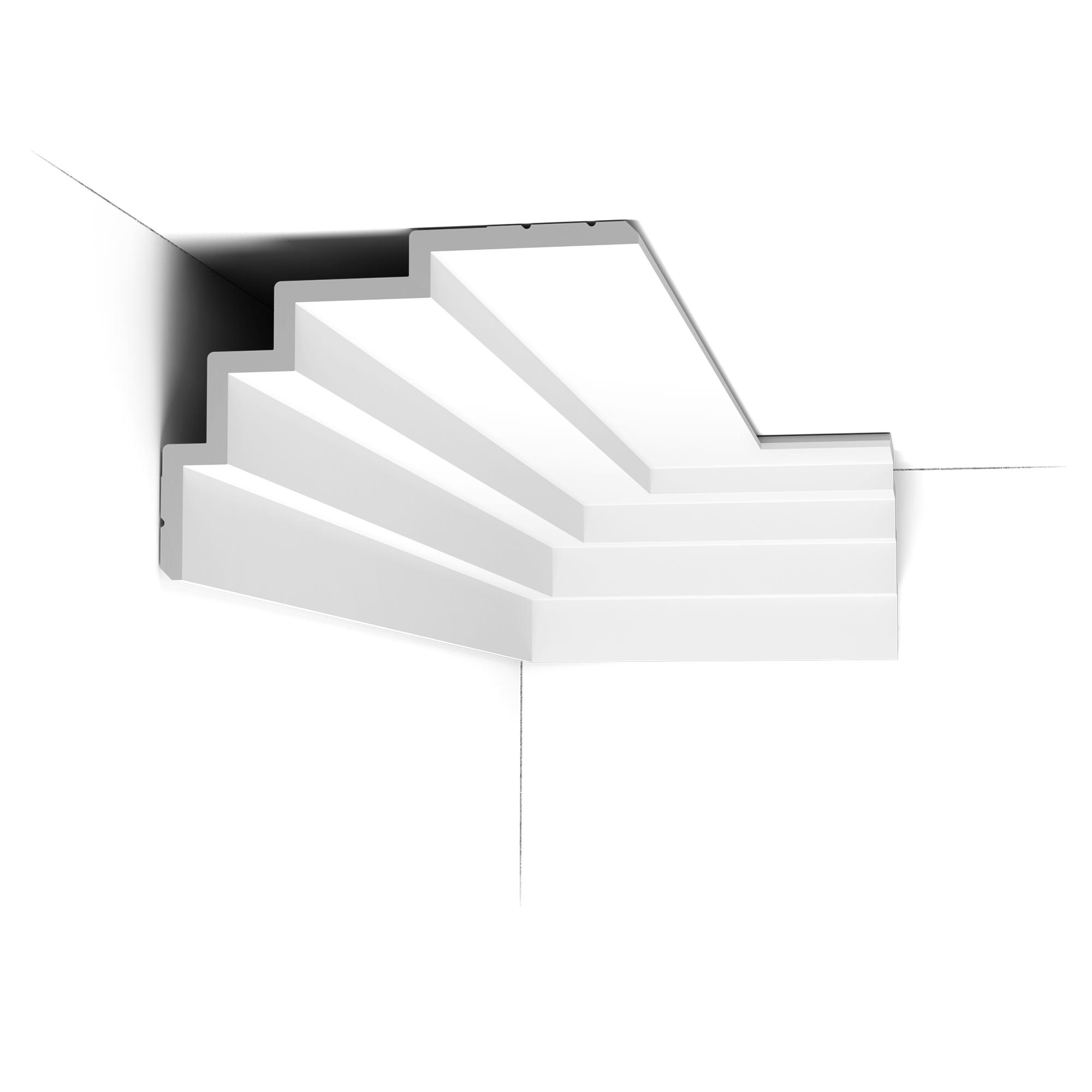 c393 c This clean, modern profile is the foundation of the Steps range. Here we fix the largest section to the ceiling, making the space seem wider. The angled corners above and below provide additional subtle shadow lines. Designed by Orio Tonini.