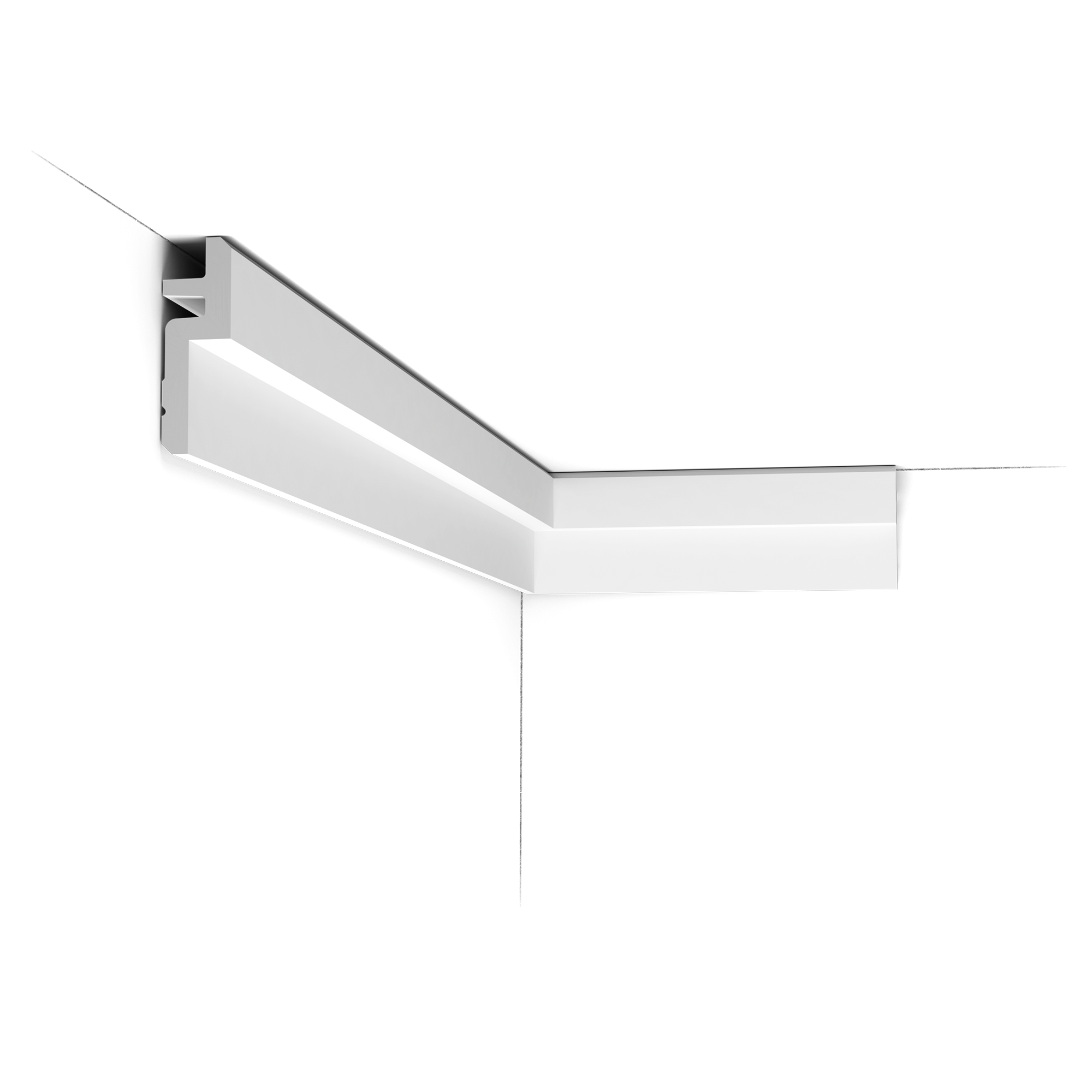 c394 c A clean, modern profile from the Steps range. Here we fix the largest section to the ceiling, making the space seem wider. The angled corners above and below provide additional subtle shadow lines. Designed by Orio Tonini.