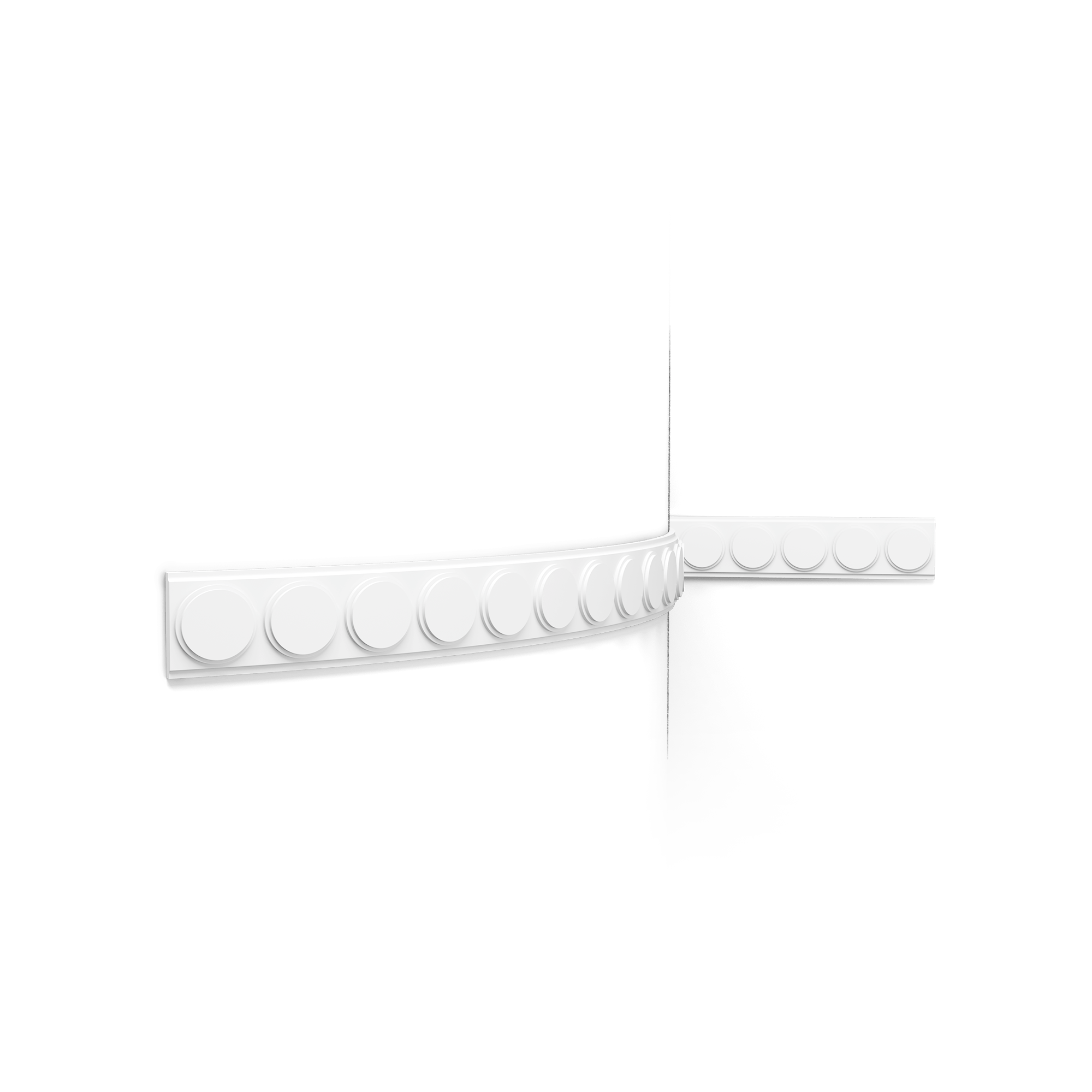 image With P9905 Medaillon, Roelfien Vos gives the round forms of Art Deco a unique interpretation. Where P9903 Bobbin and P9904F Pearl embrace roundness, P9905 Medaillon is flatter, more layered, and stepped. The result is an elegant and subtle profile, at home in any interior seeking depth and detail. It is versatile and can be used as a panel mould, door frame, or frieze beneath a cornice. Also available in flex.